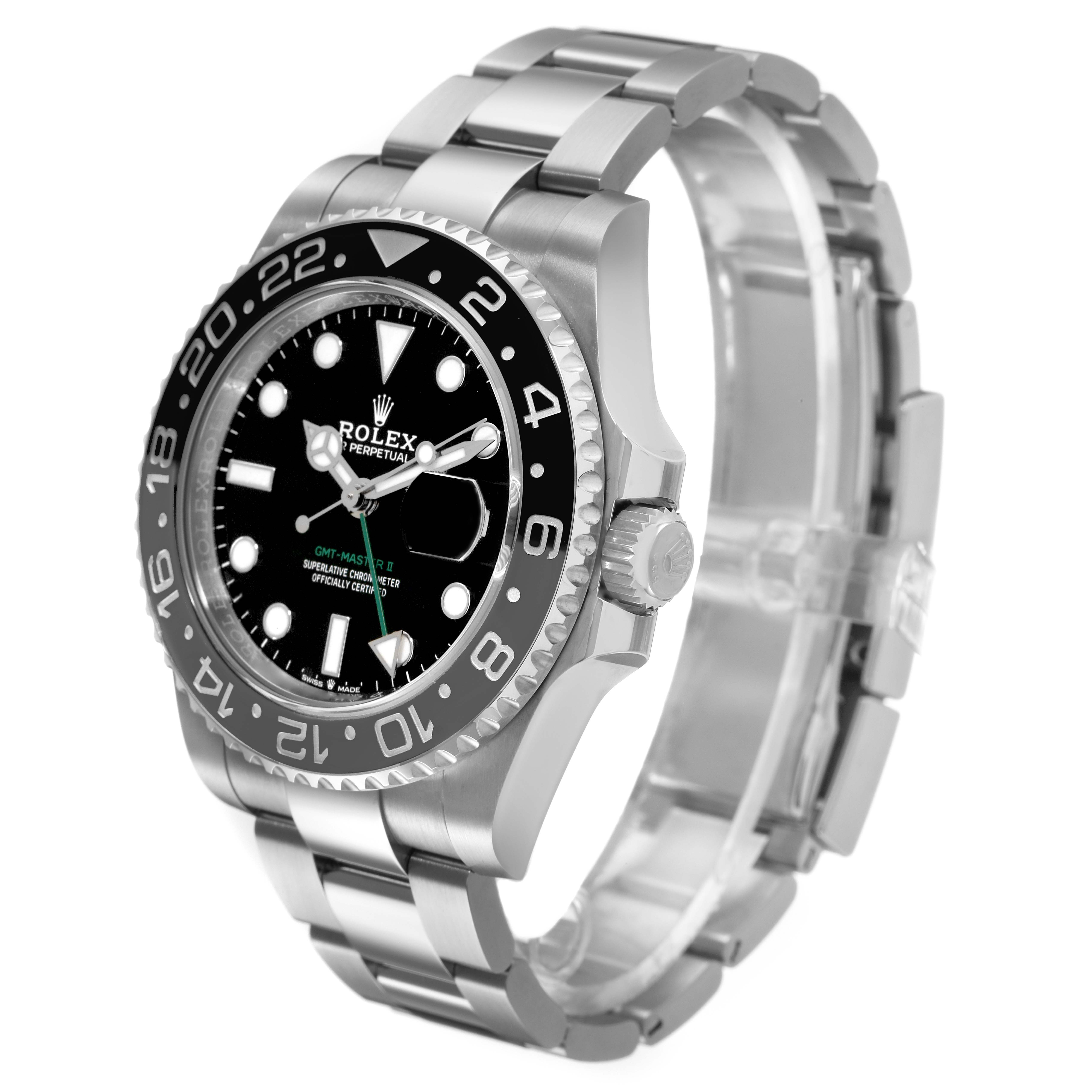 The Rolex GMT-Master 126710GRNR Men's Stainless Steel Black Dial is shown at a three-quarter angle, displaying the face, bezel, crown, and stainless steel bracelet.
