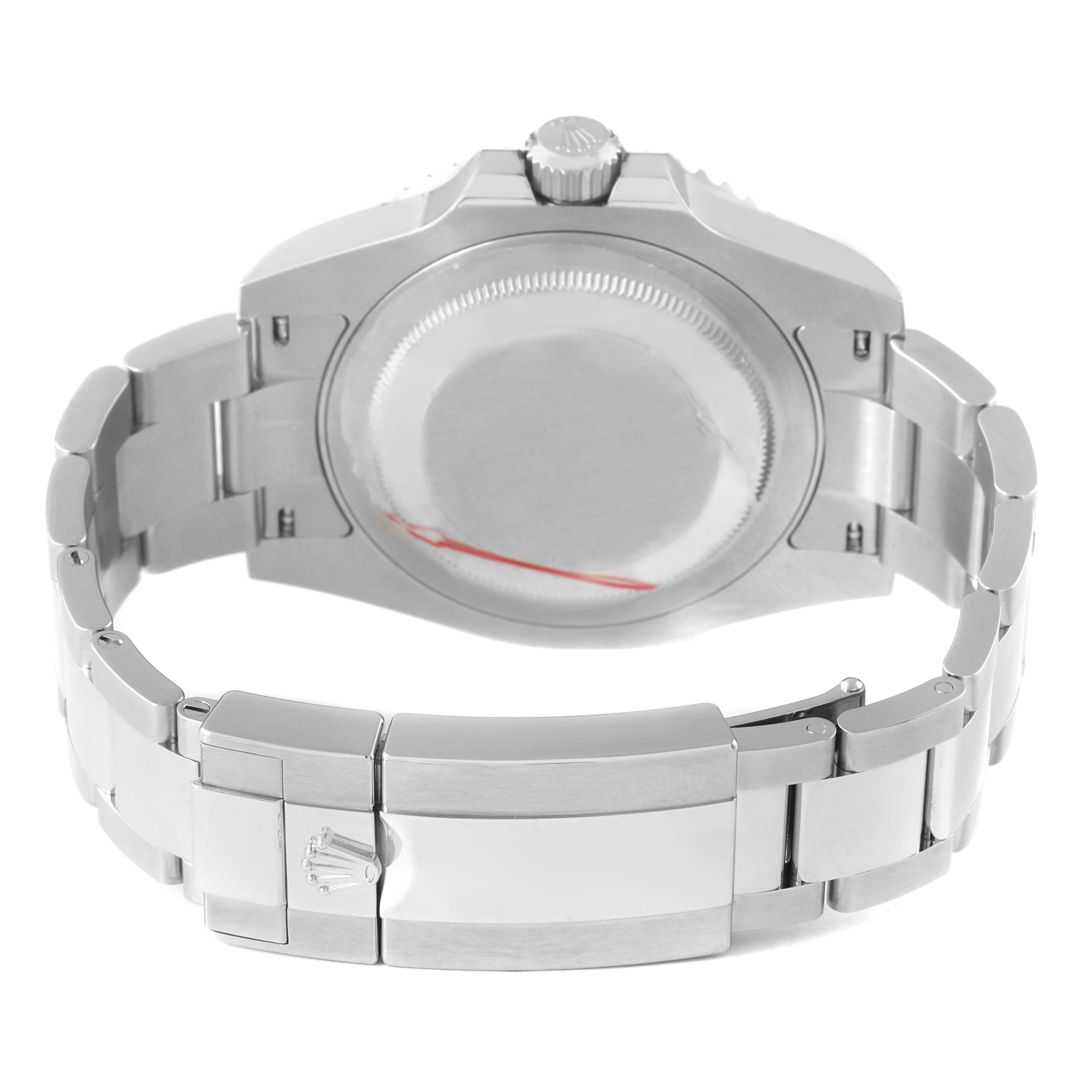 The image shows the backside of a Rolex GMT-Master 126710GRNR Men's Stainless Steel Black Dial watch, highlighting the case back and clasp of the bracelet.