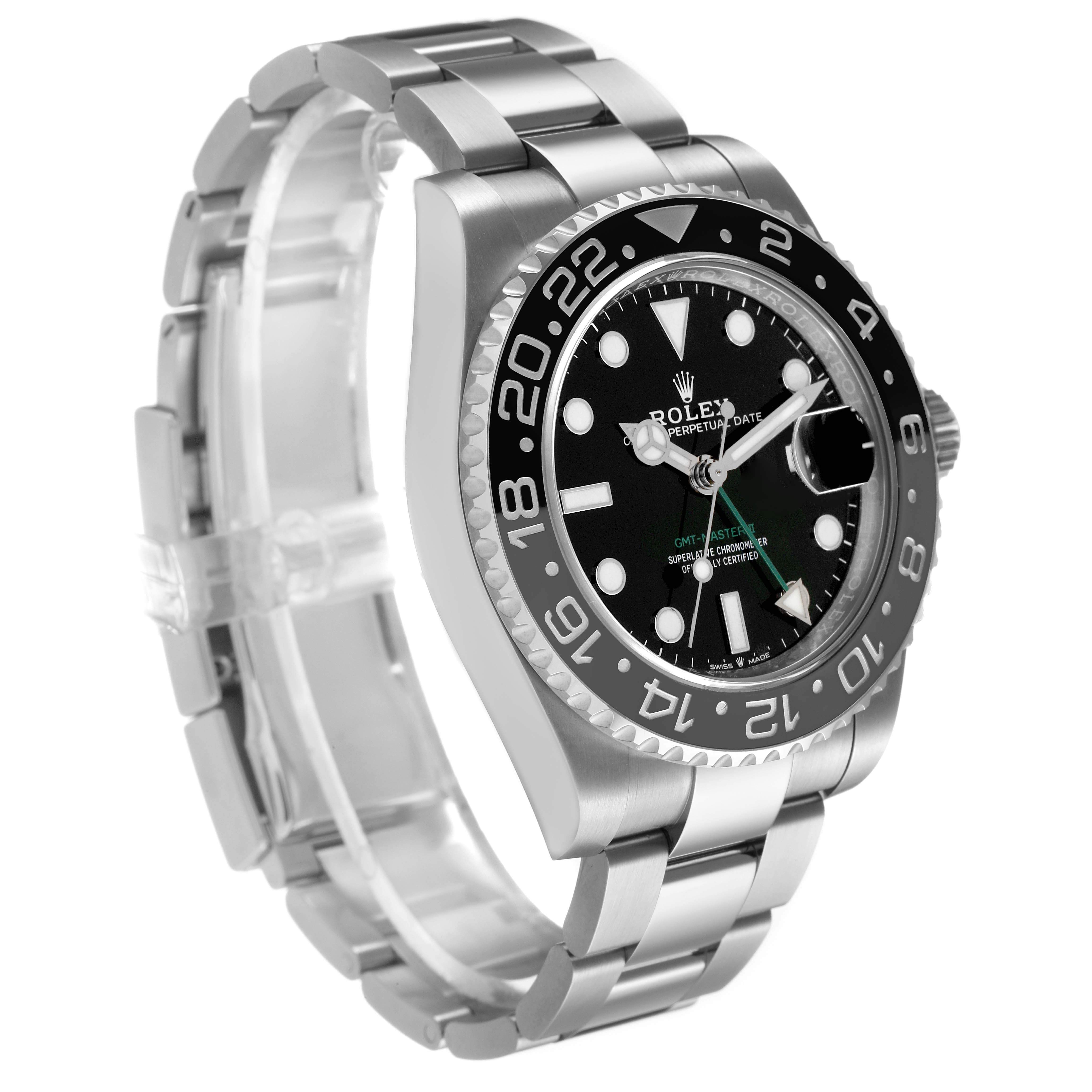 The Rolex GMT-Master 126710GRNR Men's Stainless Steel Black Dial watch is shown at a three-quarter angle, highlighting its bezel, dial, and bracelet.