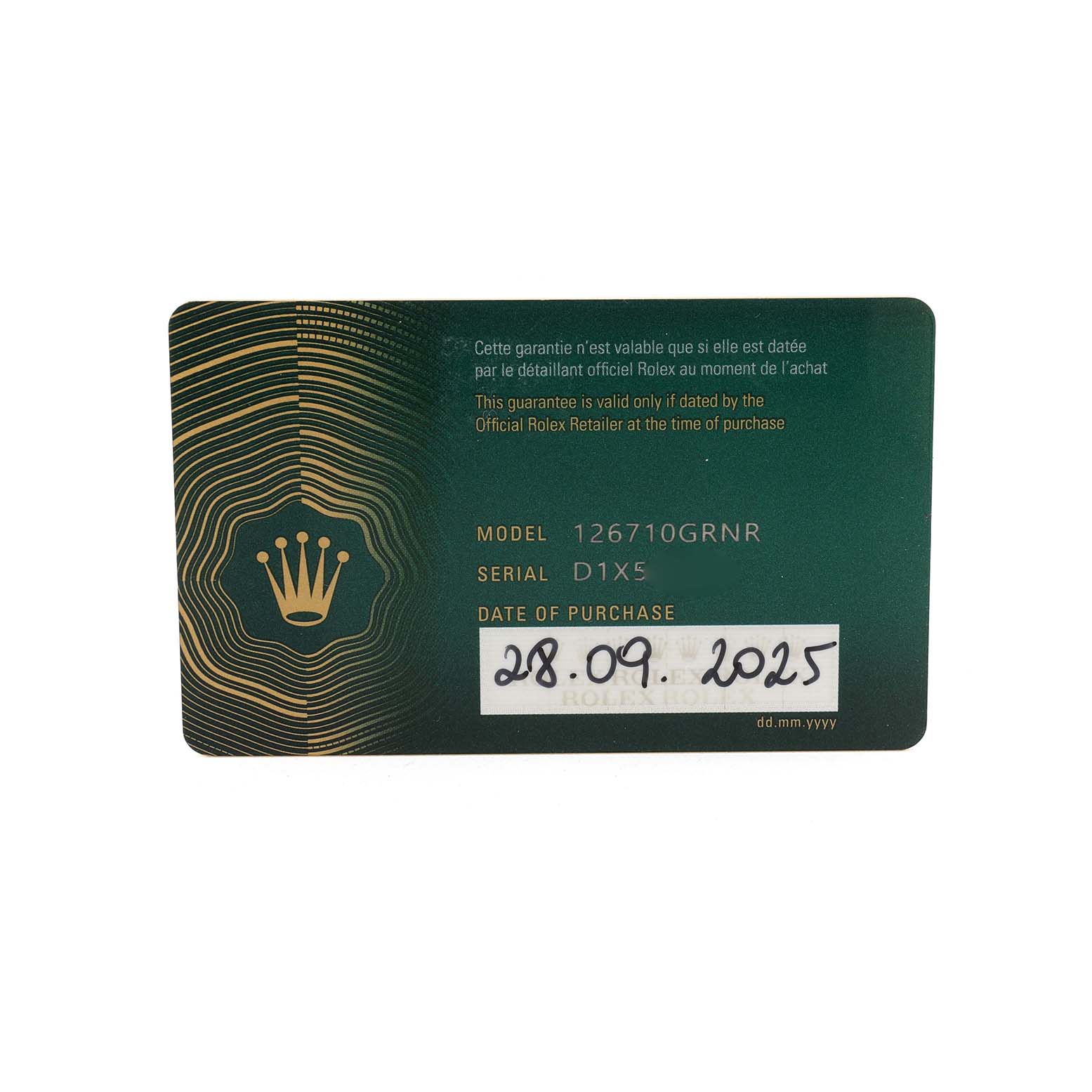 The image shows a guarantee card for the Rolex GMT-Master 126710GRNR Men's Stainless Steel Black Dial model 126710GRNR, highlighting model and serial information.