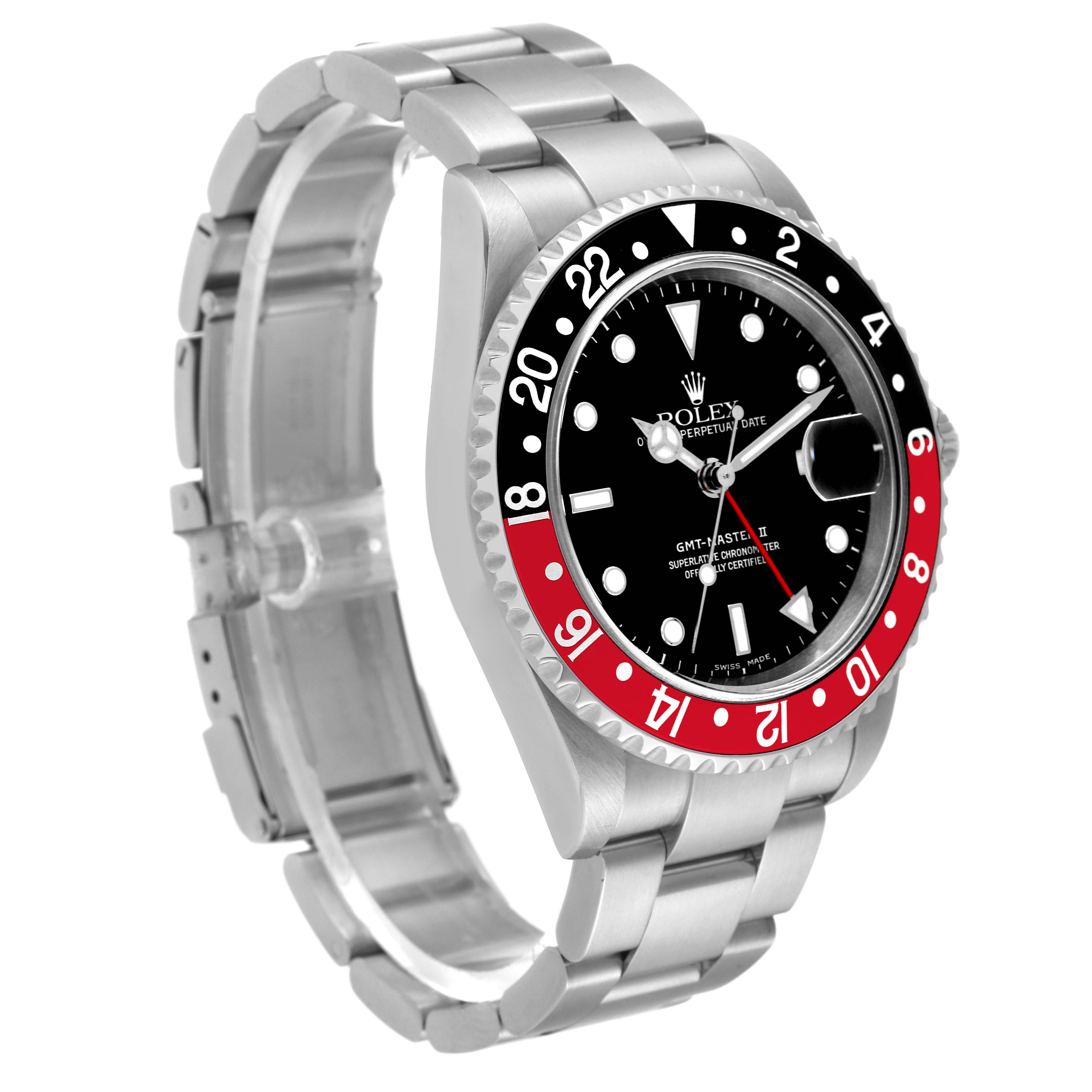 The image shows a Rolex GMT-Master 16710 Men
s Stainless Steel Black Dial 16710 Men
s Stainless Steel Black Dial watch at a three-quarter angle, highlighting its bezel, face, and bracelet.