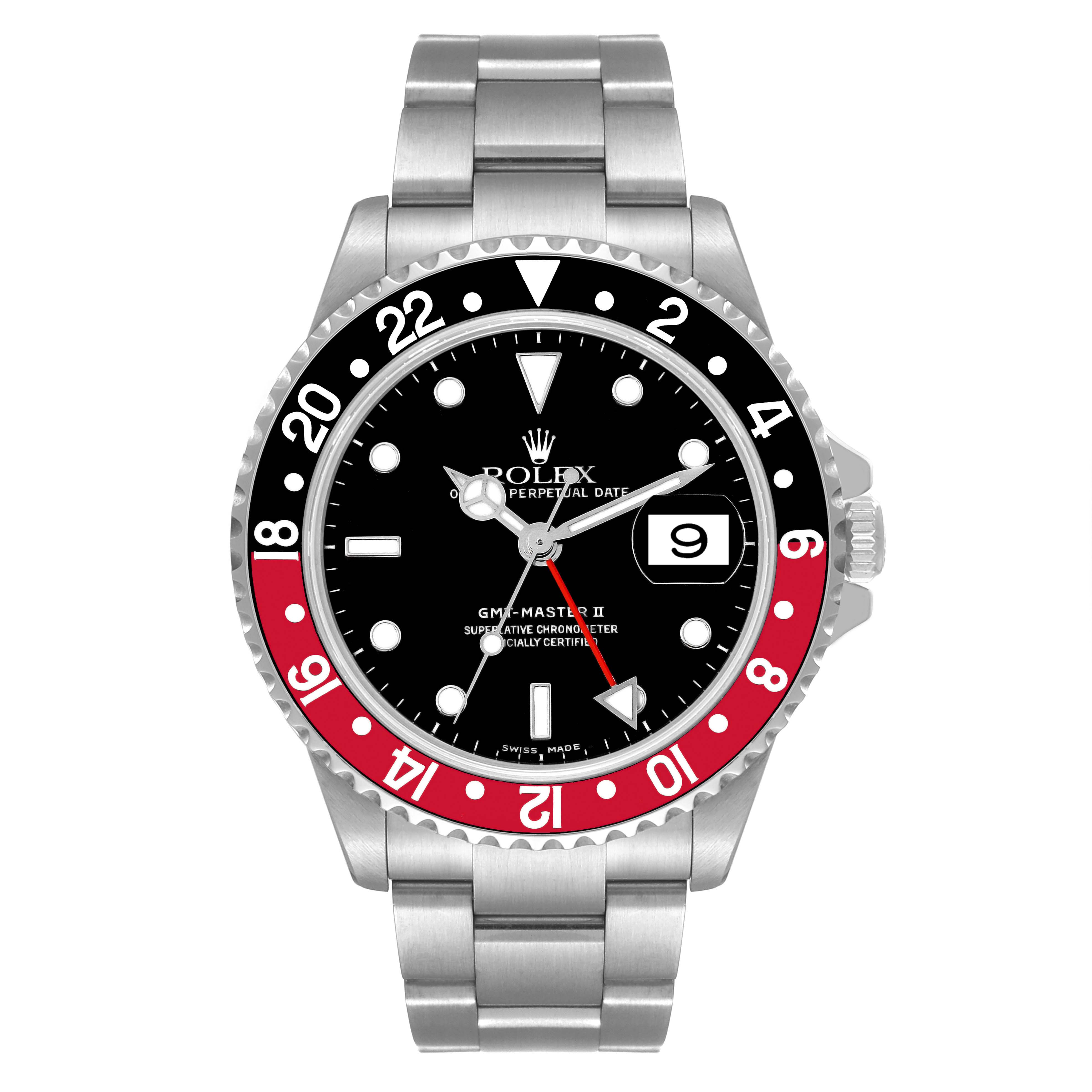 The image shows a front view of a Rolex GMT-Master 16710 Men
s Stainless Steel Black Dial 16710 Men
s Stainless Steel Black Dial II watch with a stainless steel bracelet and a black and red bezel.