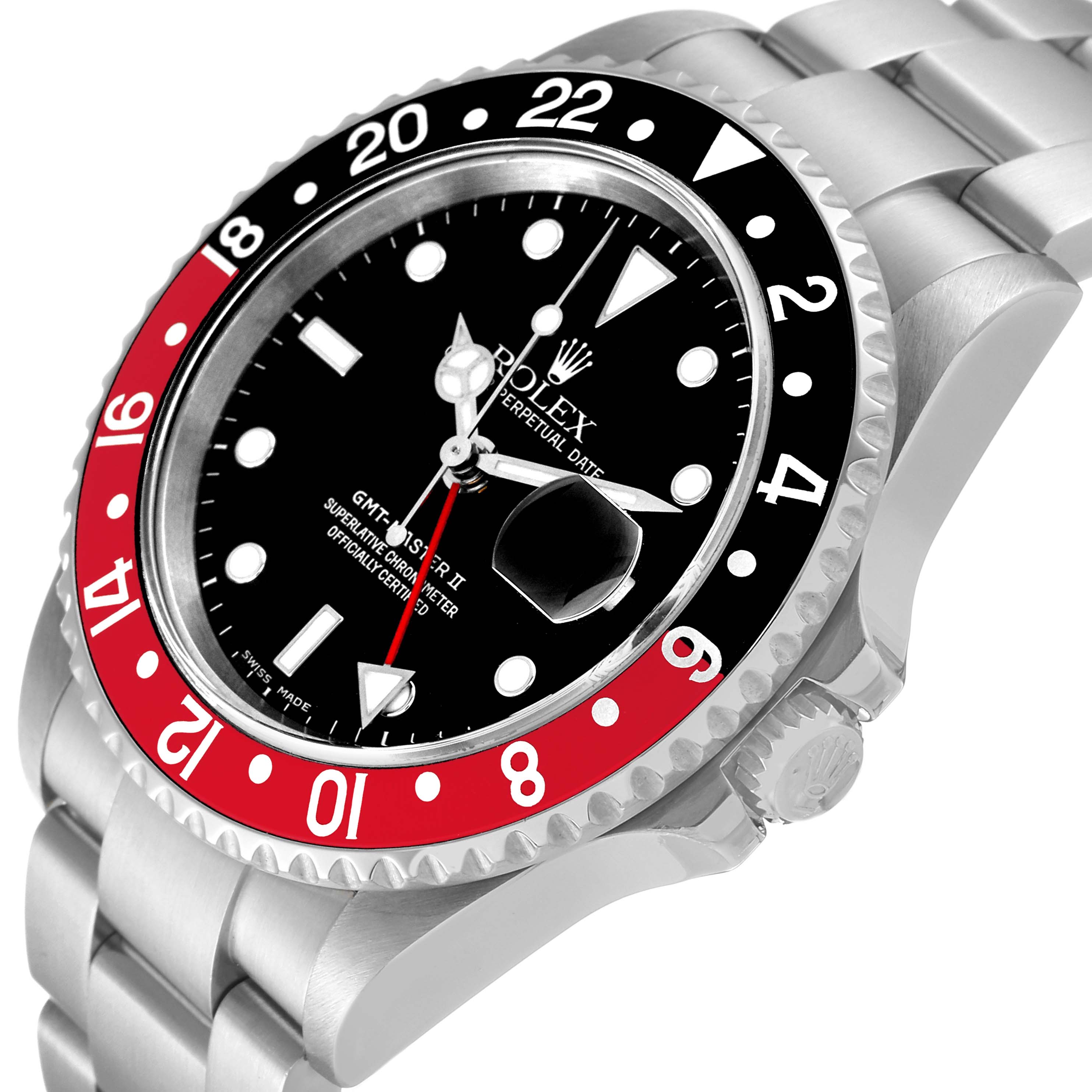 The image shows a close-up angle of a Rolex GMT-Master 16710 Men
s Stainless Steel Black Dial 16710 Men
s Stainless Steel Black Dial watch, highlighting its bezel, crown, and part of the bracelet.