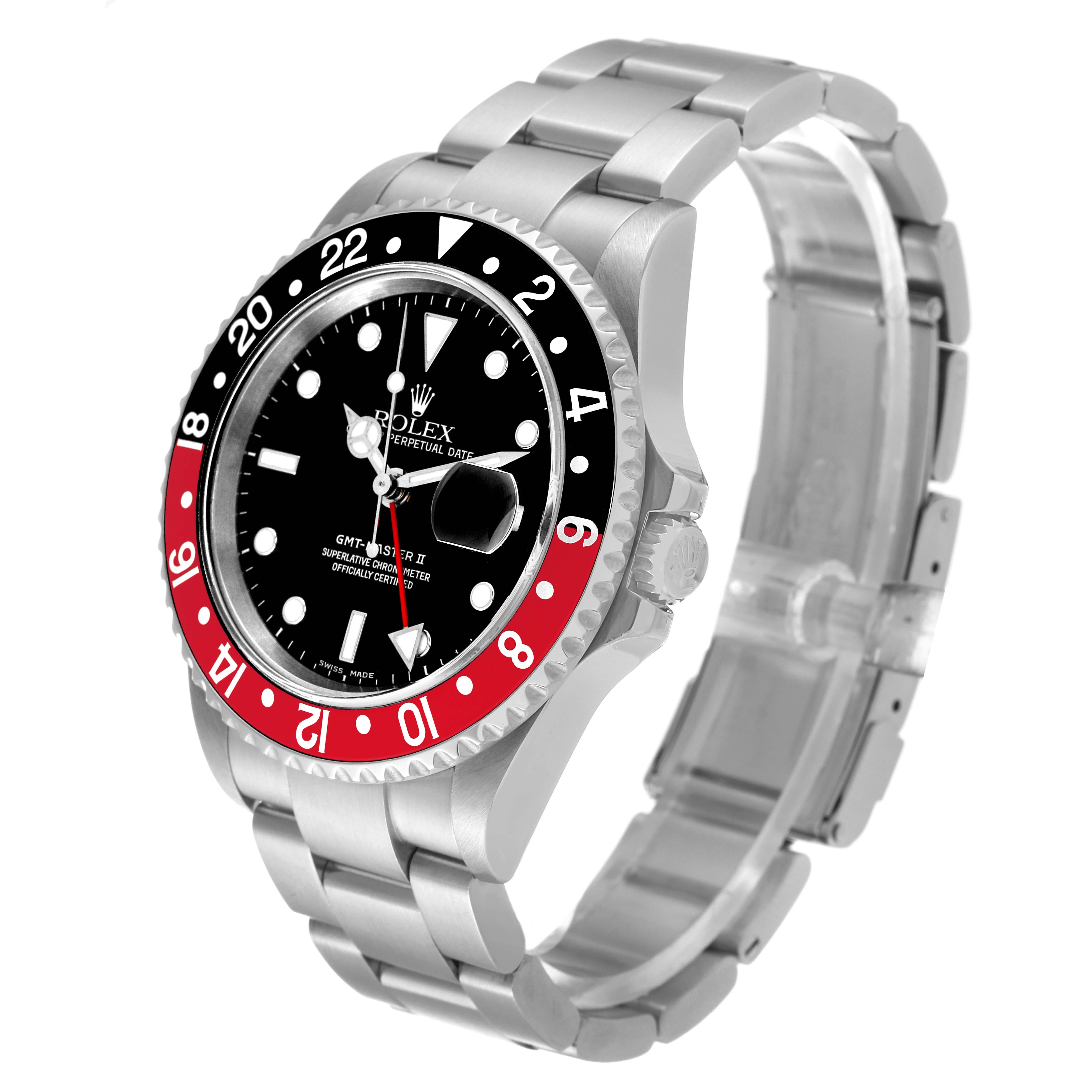 The image shows a Rolex GMT-Master 16710 Men
s Stainless Steel Black Dial 16710 Men
s Stainless Steel Black Dial watch angled to display the face, bezel, crown, and bracelet.