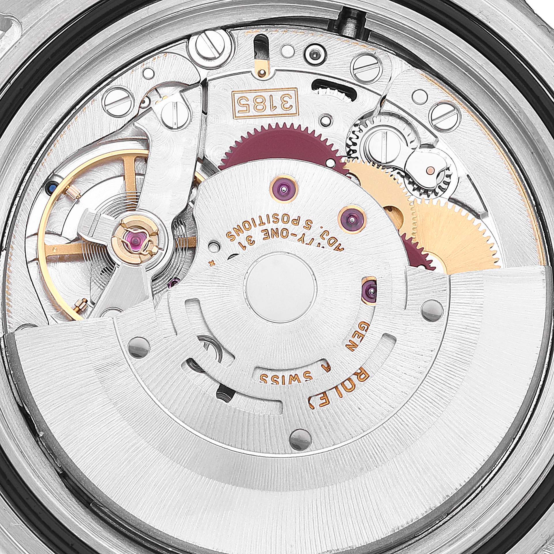 This is a close-up view of the movement mechanism of the Rolex GMT-Master 16710 Men
s Stainless Steel Black Dial 16710 Men
s Stainless Steel Black Dial watch.