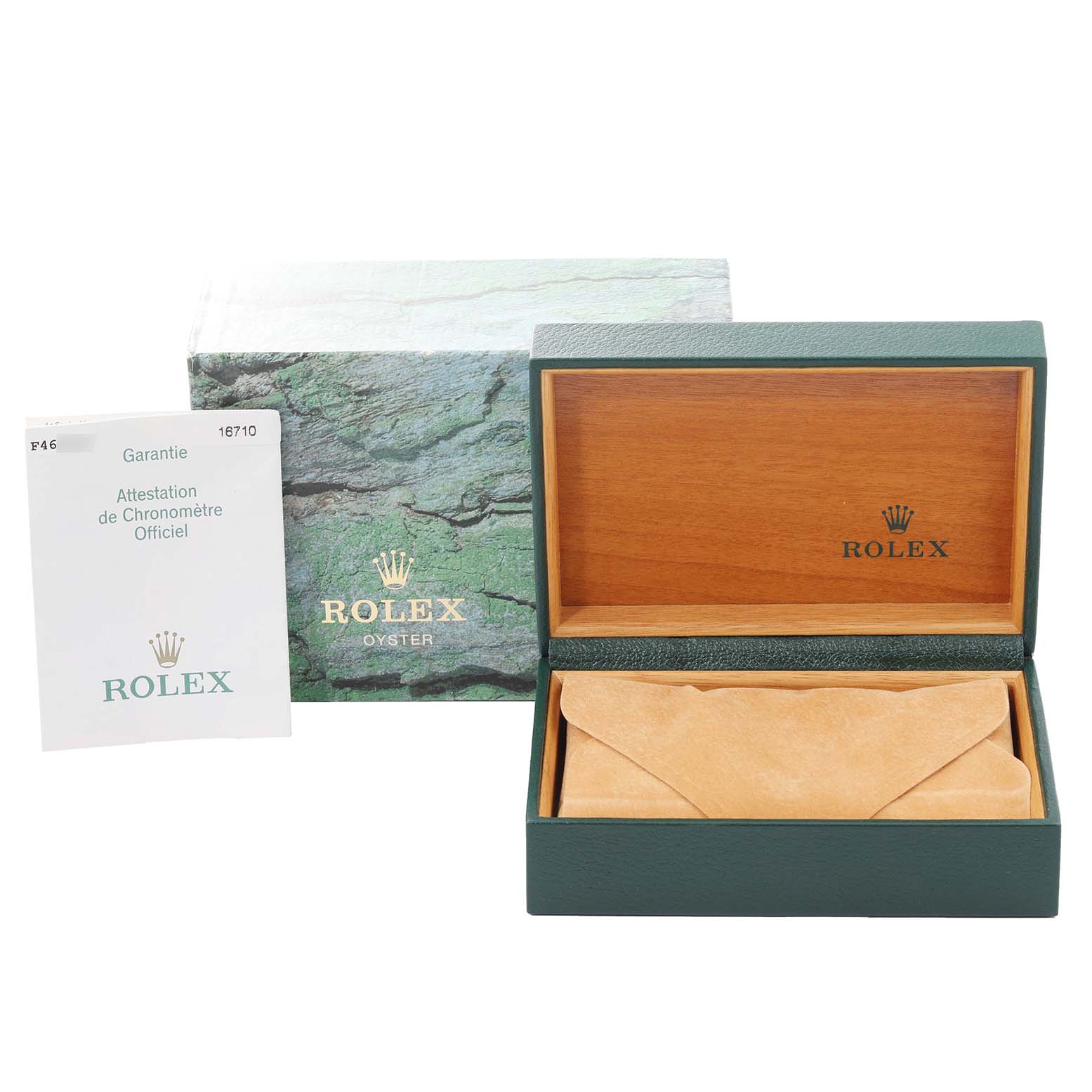 This image shows the packaging and accessories for a Rolex GMT-Master 16710 Men
s Stainless Steel Black Dial 16710 Men
s Stainless Steel Black Dial, including the watch box and warranty card.