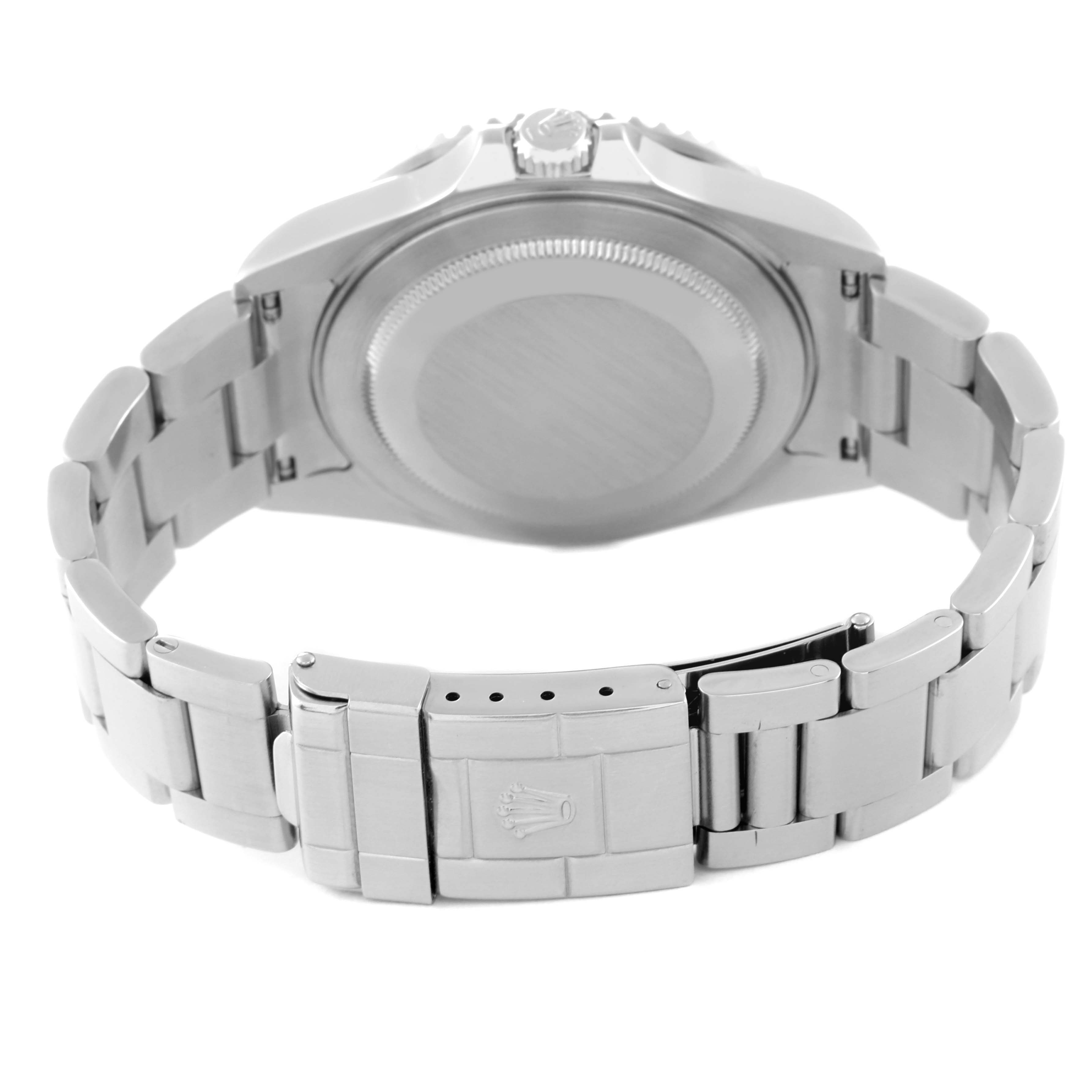 The image shows the back view of a Rolex GMT-Master 16710 Men
s Stainless Steel Black Dial 16710 Men
s Stainless Steel Black Dial watch, highlighting the case back and stainless steel bracelet with clasp.