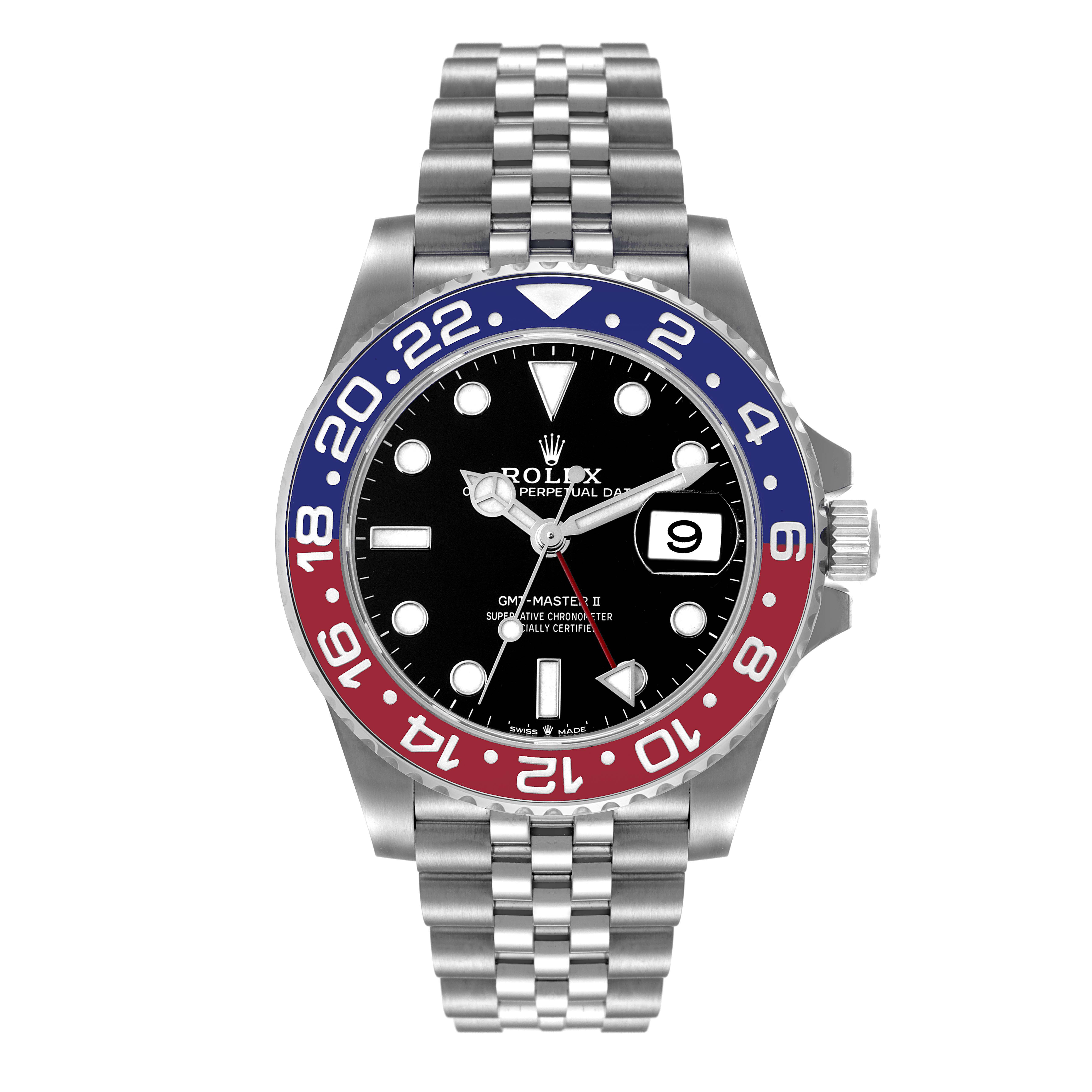 This image shows a frontal view of a Rolex GMT-Master 126710 Men
s Stainless Steel Black Dial 126710 Men
s Stainless Steel Black Dial II watch, featuring the bezel, dial, hands, and bracelet.
