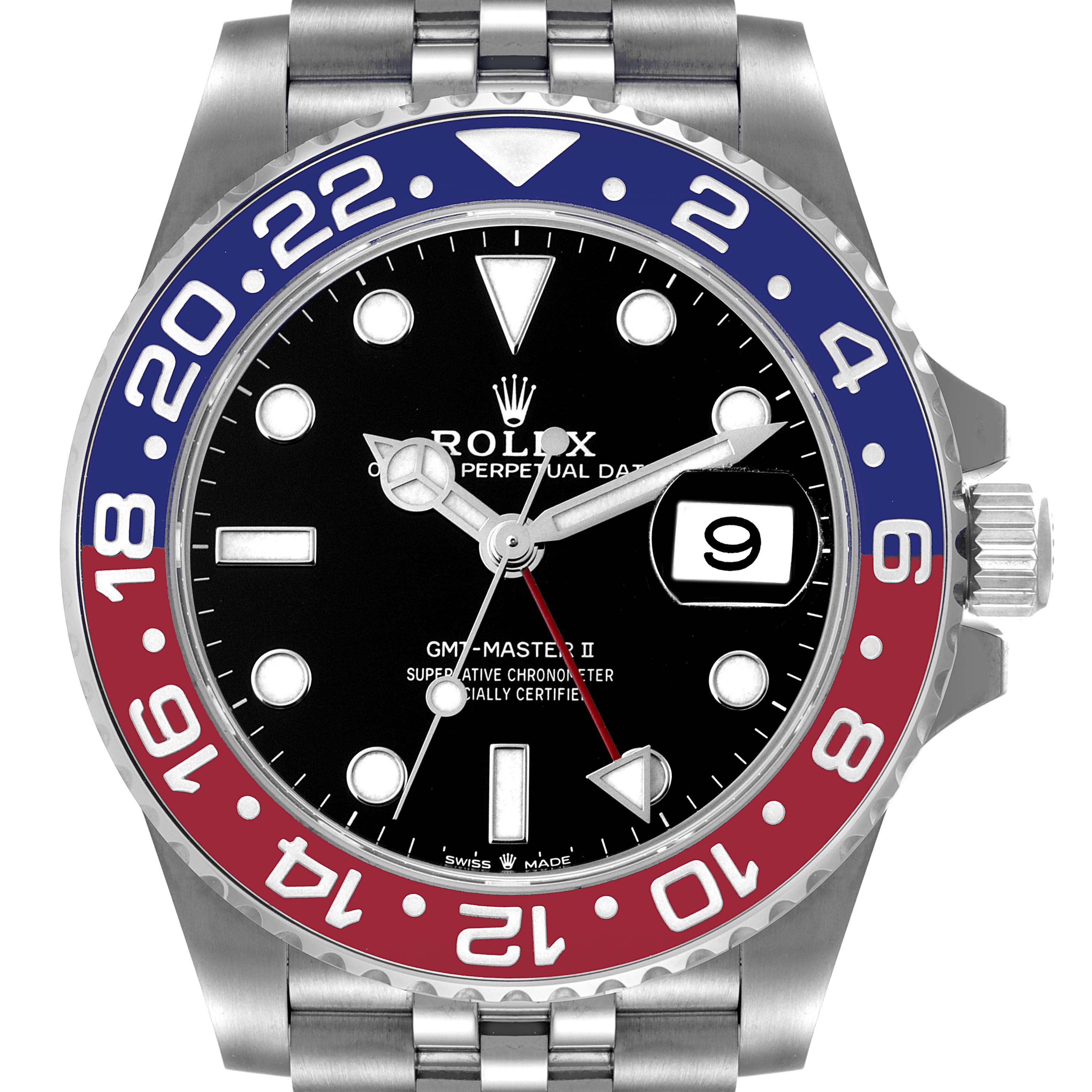 The image shows a front view of a Rolex GMT-Master 126710 Men
s Stainless Steel Black Dial 126710 Men
s Stainless Steel Black Dial II watch featuring a red and blue bezel and a black dial.