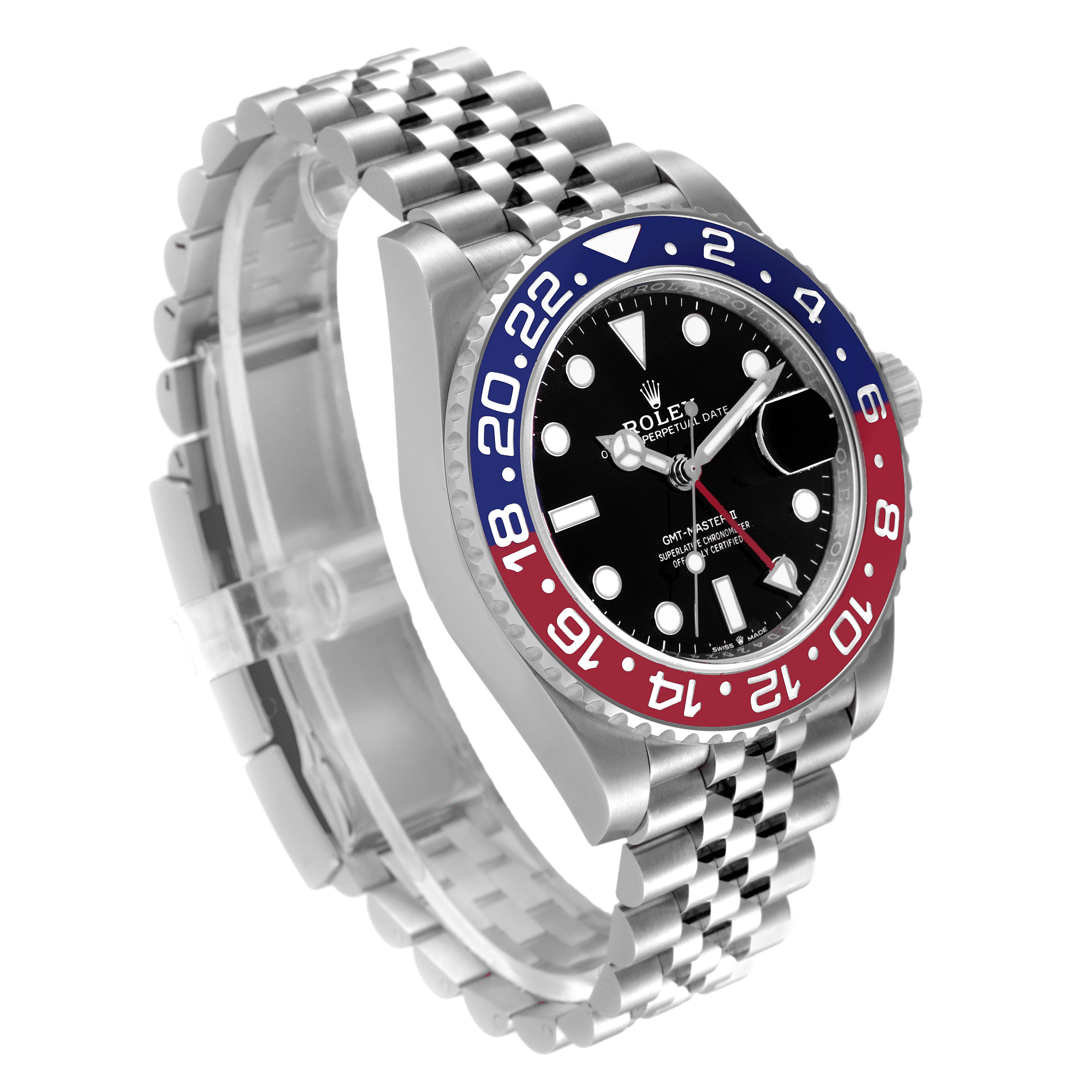 This is a Rolex GMT-Master 126710 Men
s Stainless Steel Black Dial 126710 Men
s Stainless Steel Black Dial model watch shown at an angled view, displaying its bezel, dial, and jubilee bracelet.