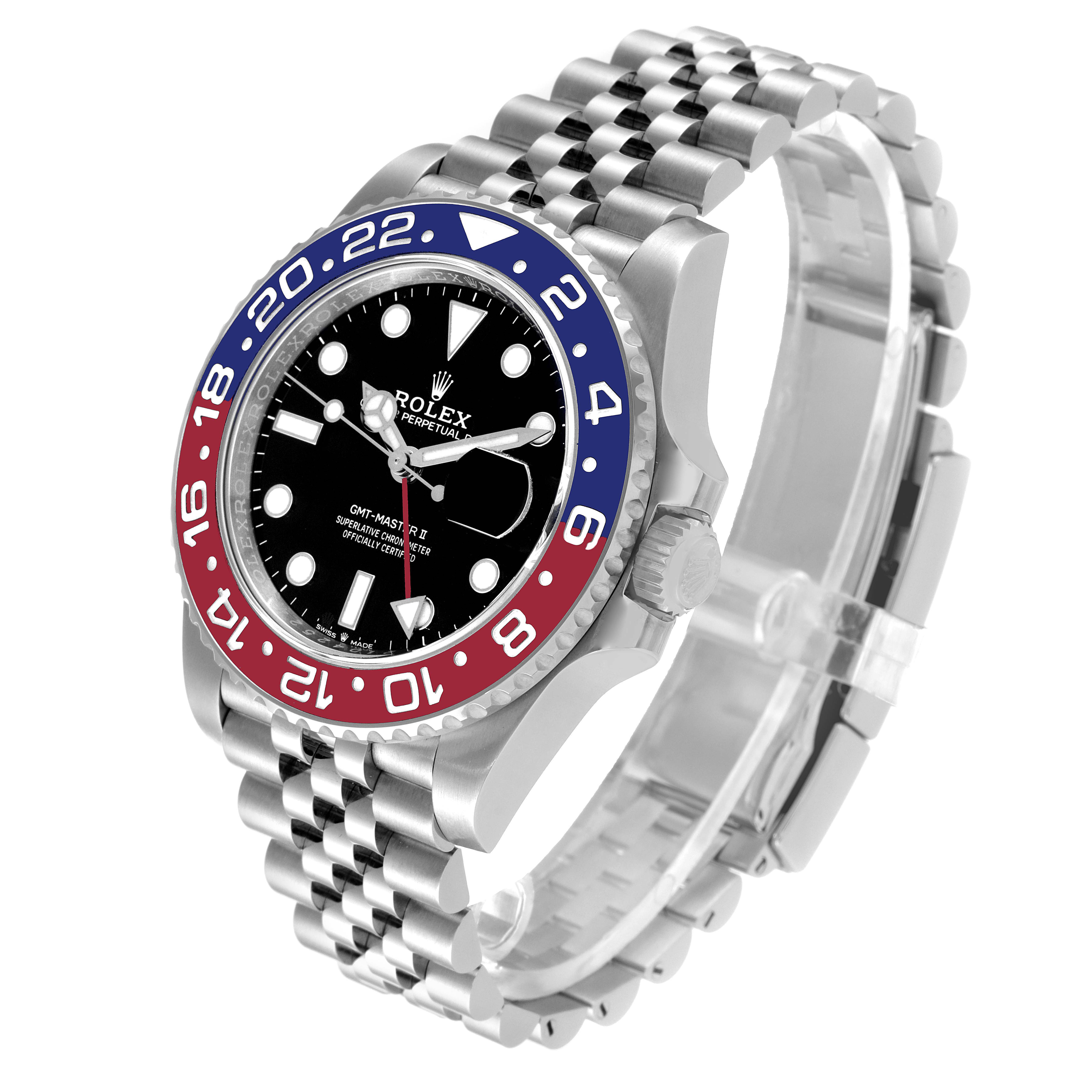 The image shows a Rolex GMT-Master 126710 Men
s Stainless Steel Black Dial 126710 Men
s Stainless Steel Black Dial watch at a slight side angle, showcasing its bezel, dial, and bracelet.