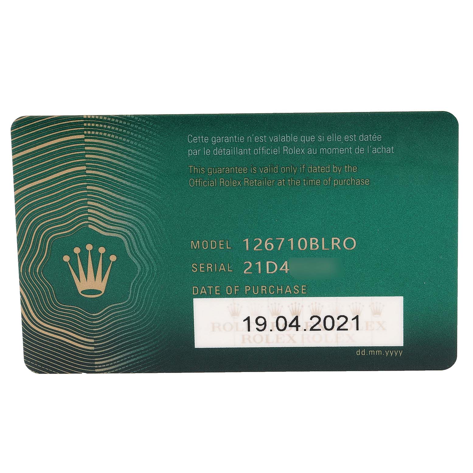 This image shows the warranty card for a Rolex GMT-Master 126710 Men
s Stainless Steel Black Dial 126710 Men
s Stainless Steel Black Dial model 126710BLRO with purchase date 19.04.2021.