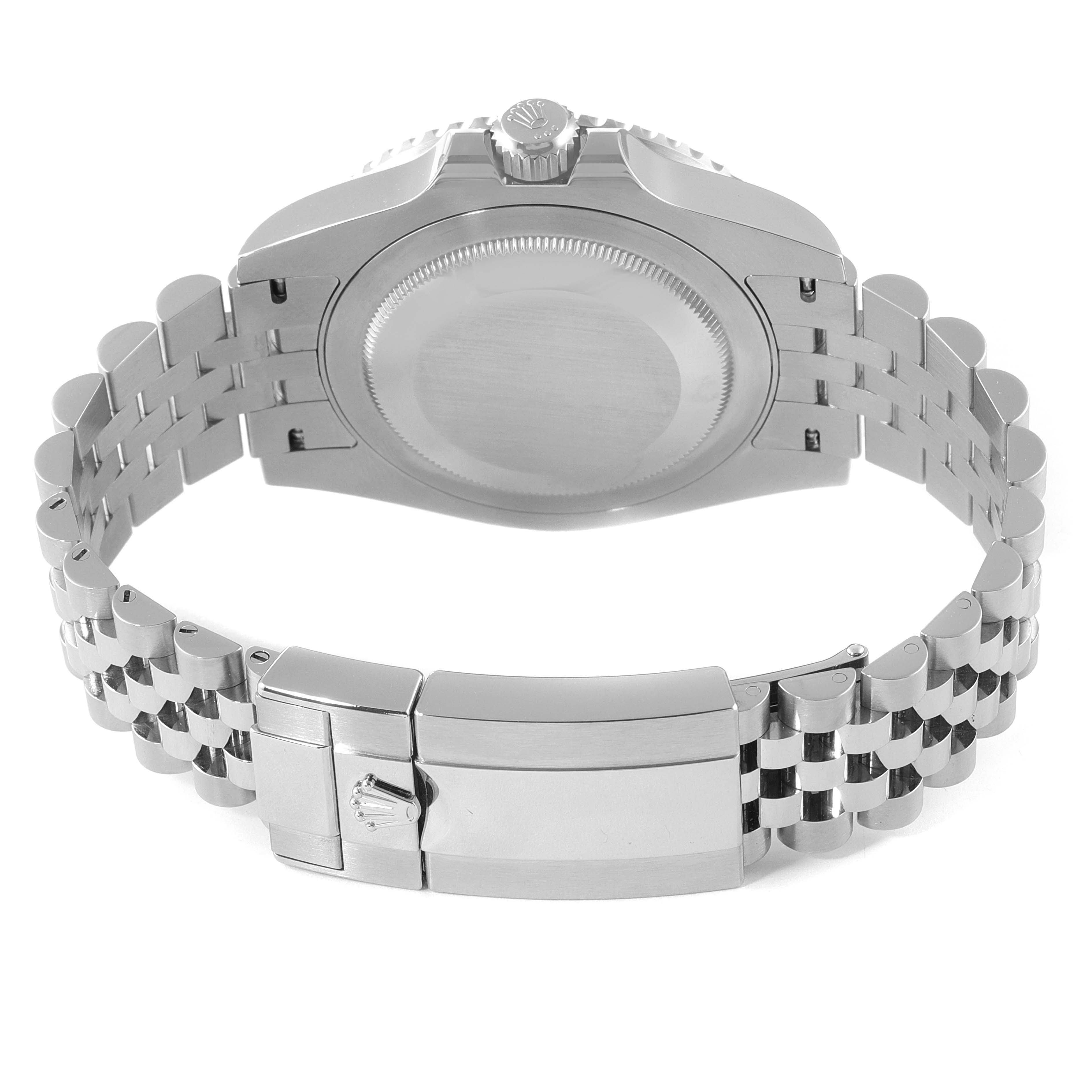 This image shows the back of a Rolex GMT-Master 126710 Men
s Stainless Steel Black Dial 126710 Men
s Stainless Steel Black Dial watch, displaying the caseback, crown, and Jubilee bracelet with clasp.