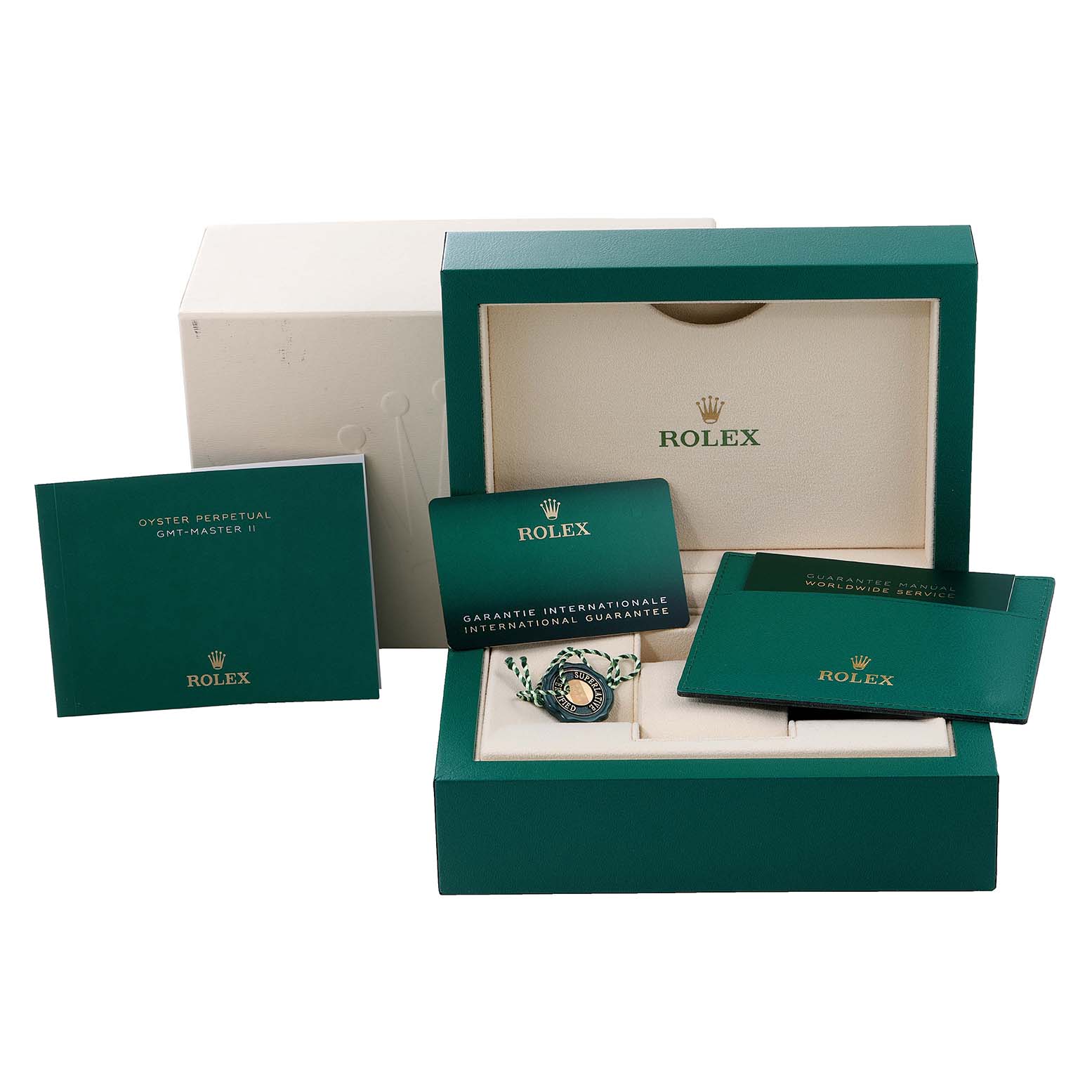 The image shows the packaging, warranty cards, and booklet for a Rolex GMT-Master 126710 Men
s Stainless Steel Black Dial 126710 Men
s Stainless Steel Black Dial II watch.