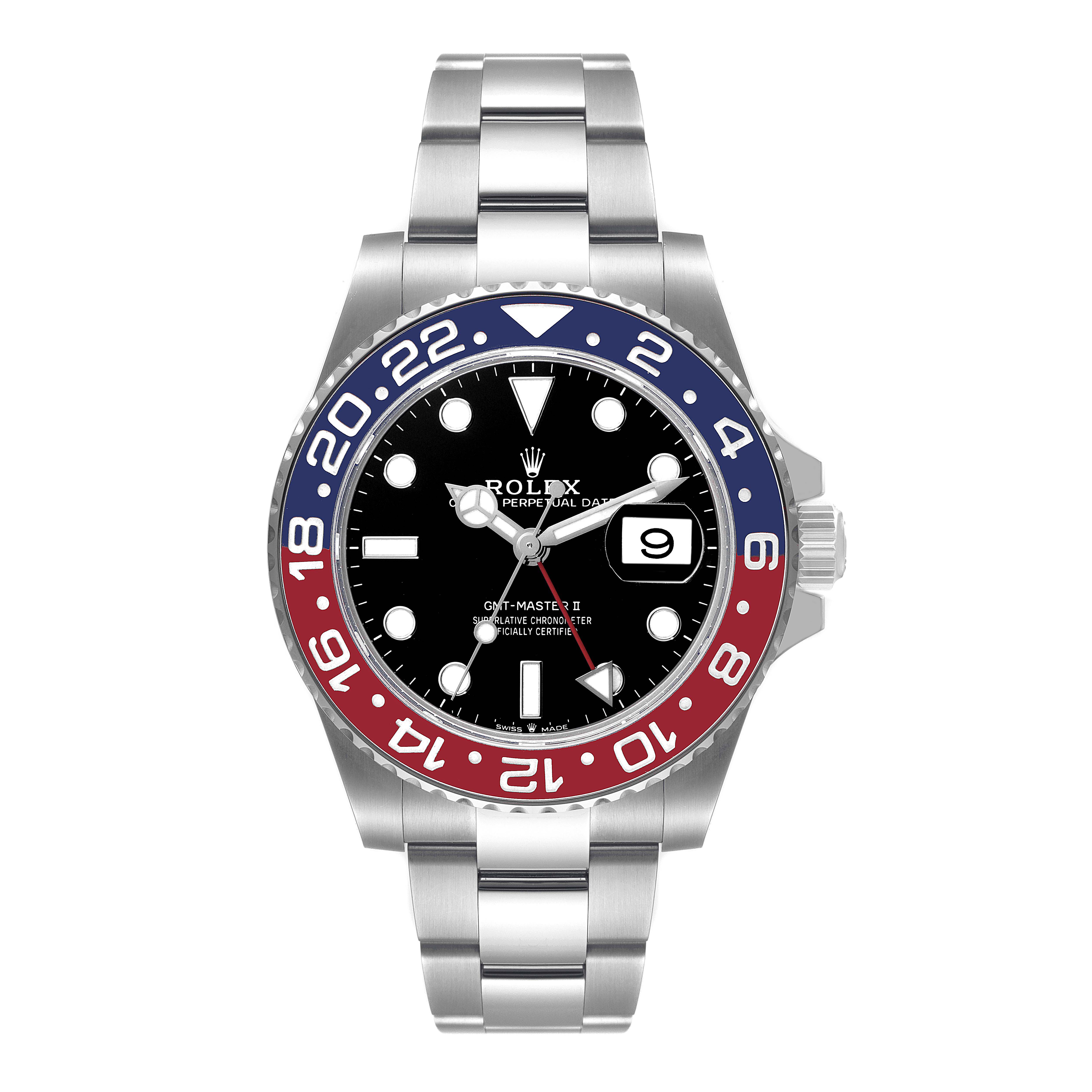 This image shows a full frontal view of the Rolex GMT-Master 126710 Men
s Stainless Steel Black Dial 126710 Men
s Stainless Steel Black Dial II watch, displaying the dial, bezel, and bracelet.