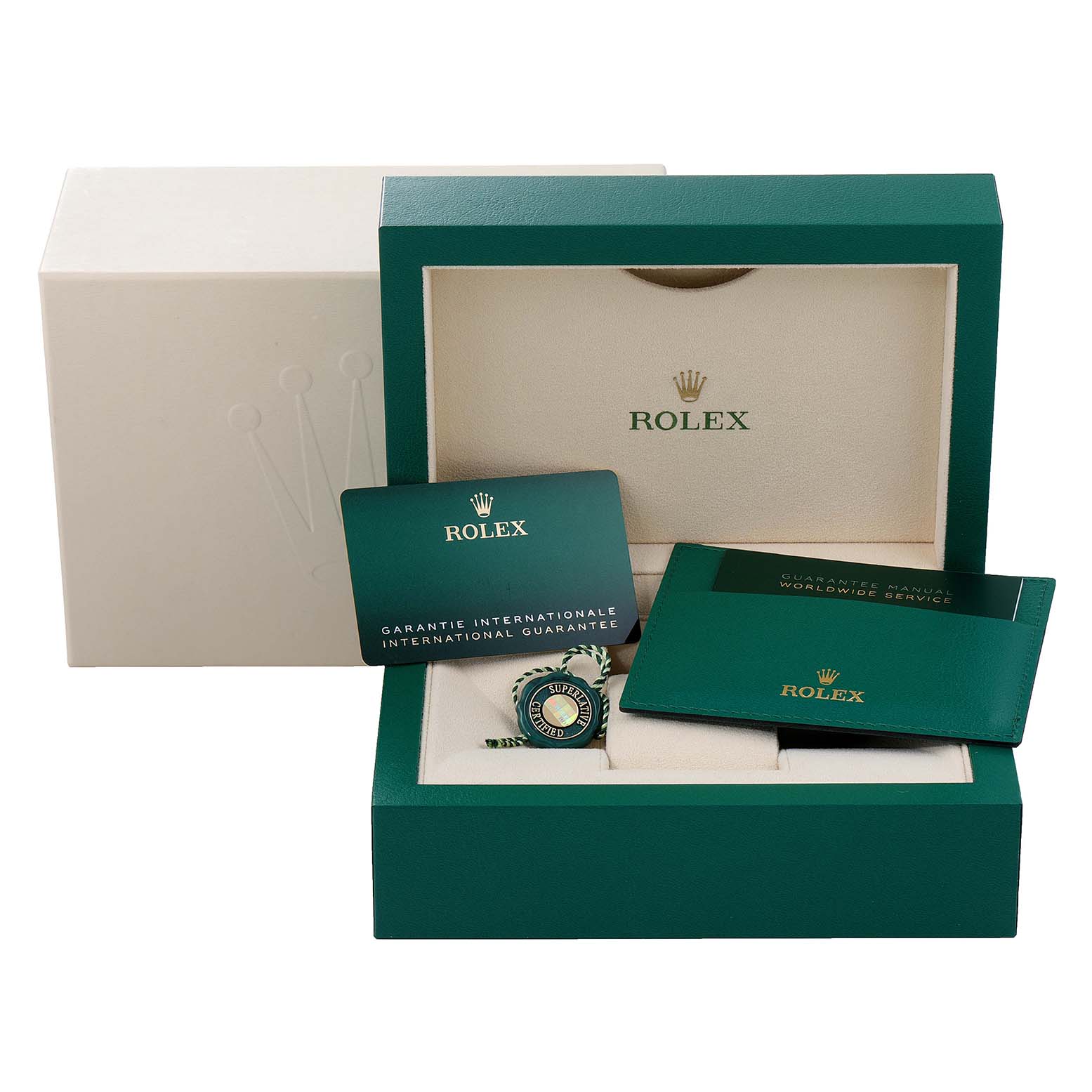 This image shows the packaging, international guarantee card, and booklet of a Rolex GMT-Master 126710 Men
s Stainless Steel Black Dial 126710 Men
s Stainless Steel Black Dial watch.