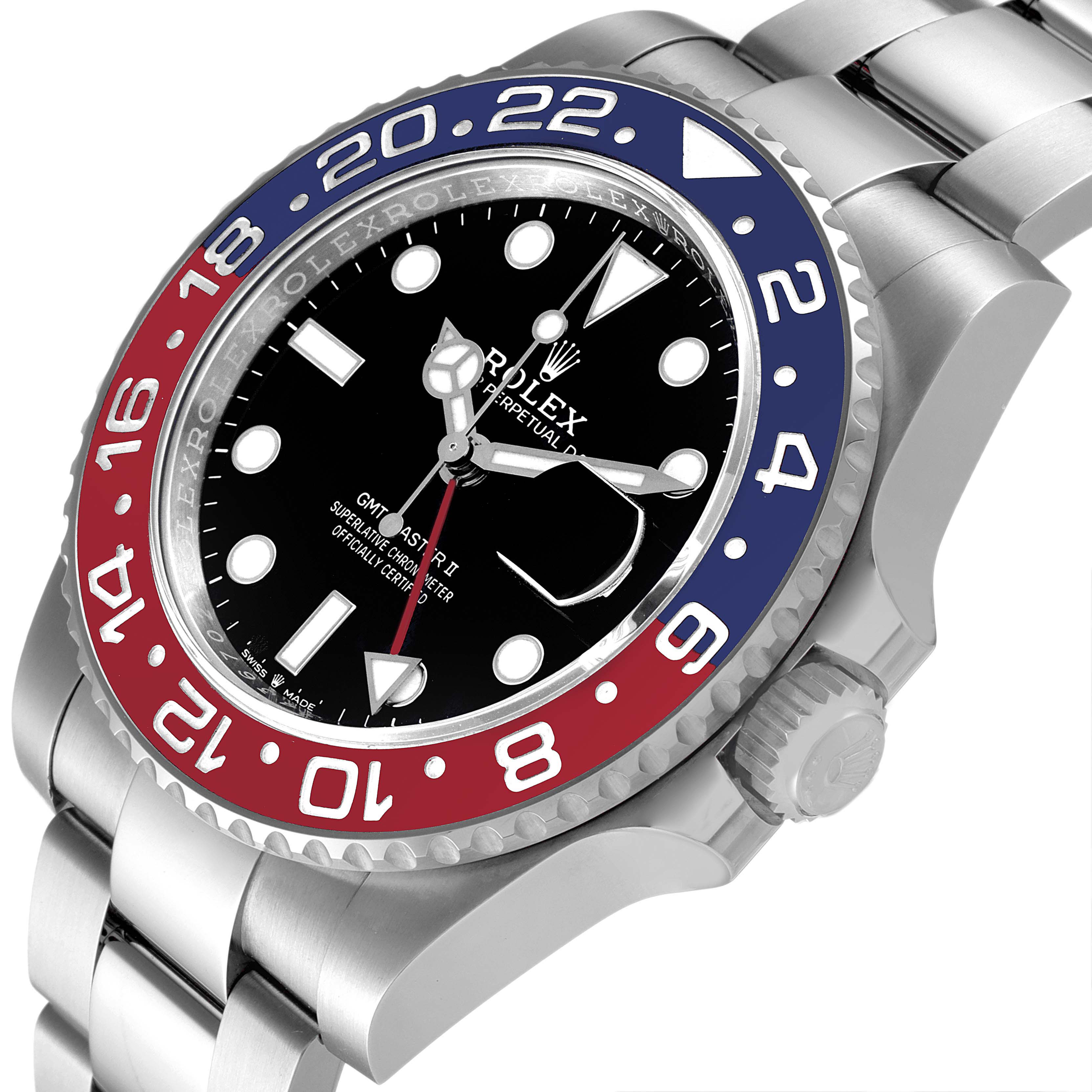 The image shows an angled side view of a Rolex GMT-Master 126710 Men
s Stainless Steel Black Dial 126710 Men
s Stainless Steel Black Dial watch, highlighting its bezel, dial, and crown.