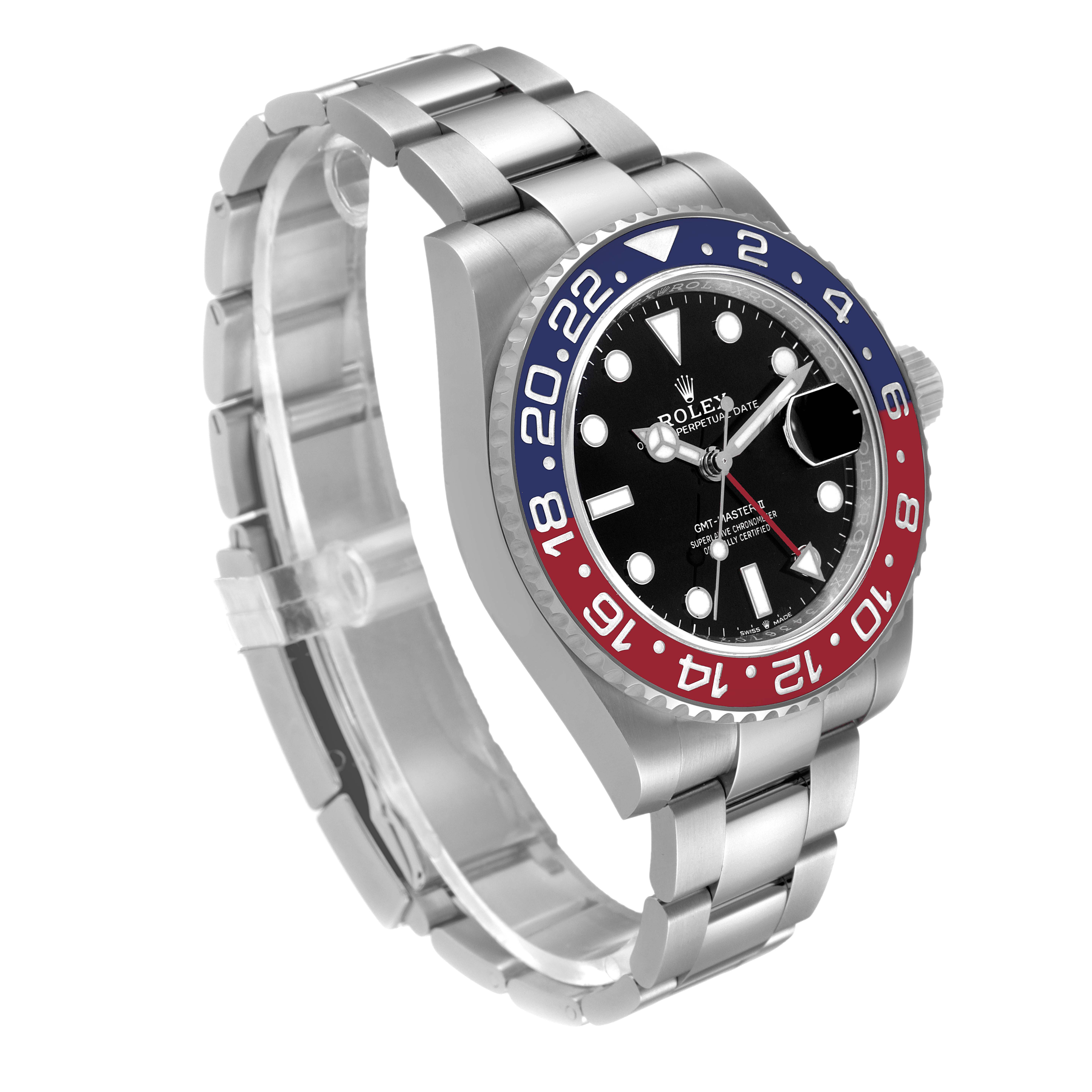The image shows a Rolex GMT-Master 126710 Men
s Stainless Steel Black Dial 126710 Men
s Stainless Steel Black Dial watch angled to highlight its dial, bezel, and part of the bracelet.