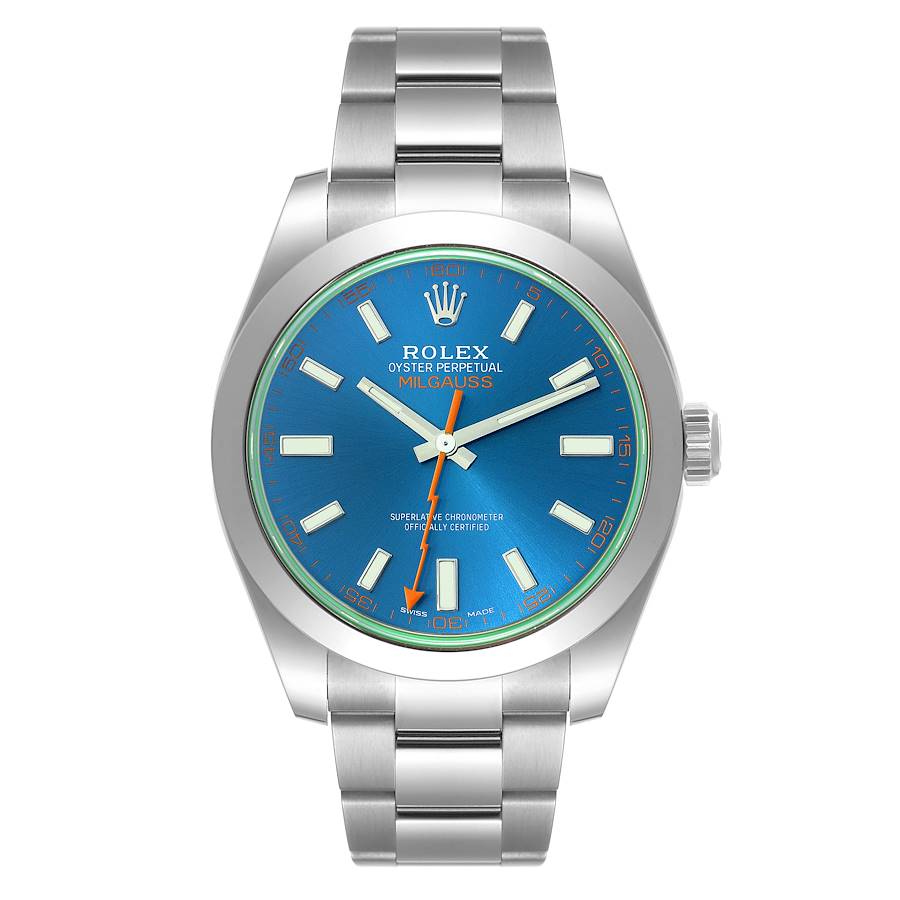 Rolex Milgauss Blue Dial Green Crystal Steel Mens Watch 116400GV