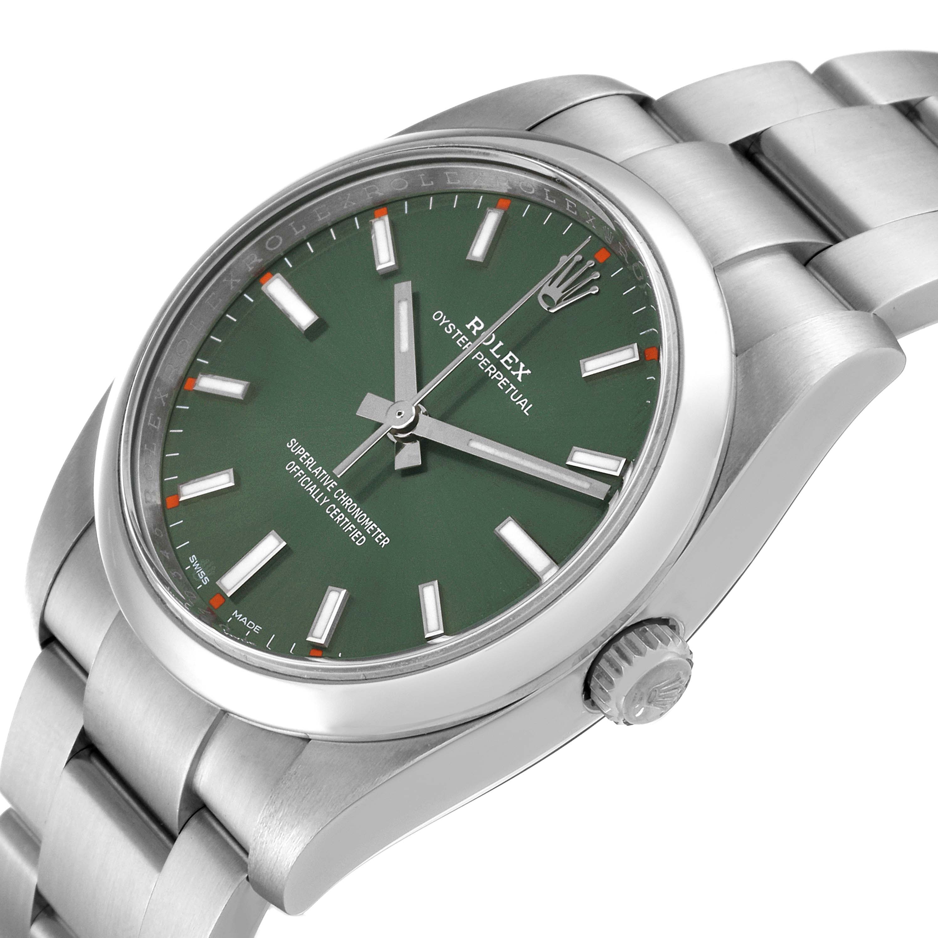This Rolex Oyster Perpetual 114200 Men
s Stainless Steel Green Dial 114200 Men
s Stainless Steel Green Dial watch is shown from a tilted angle, highlighting the green dial, casing, and part of the bracelet.