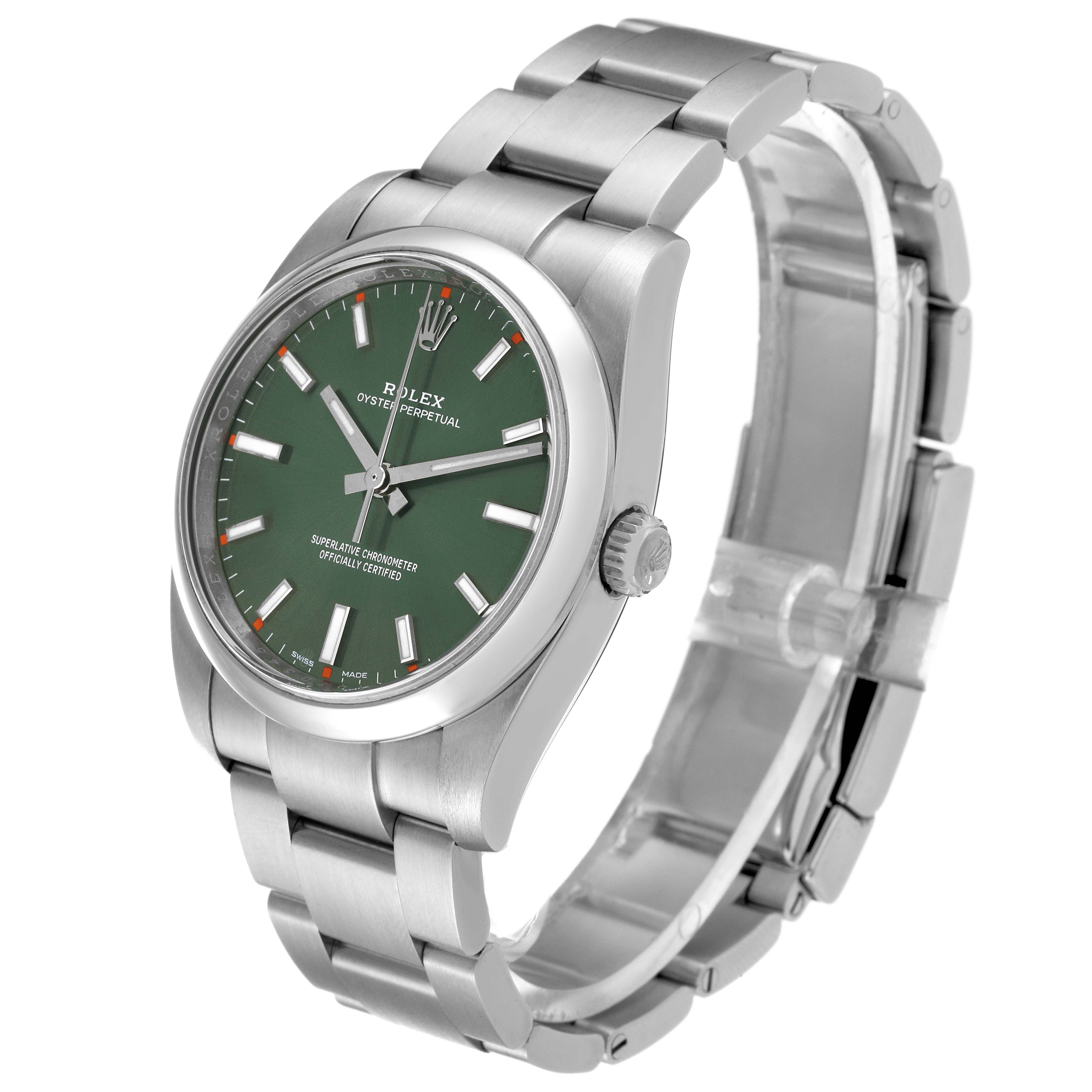 The image shows a side and front angle view of a Rolex Oyster Perpetual 114200 Men
s Stainless Steel Green Dial 114200 Men
s Stainless Steel Green Dial watch, highlighting its face, casing, and bracelet.