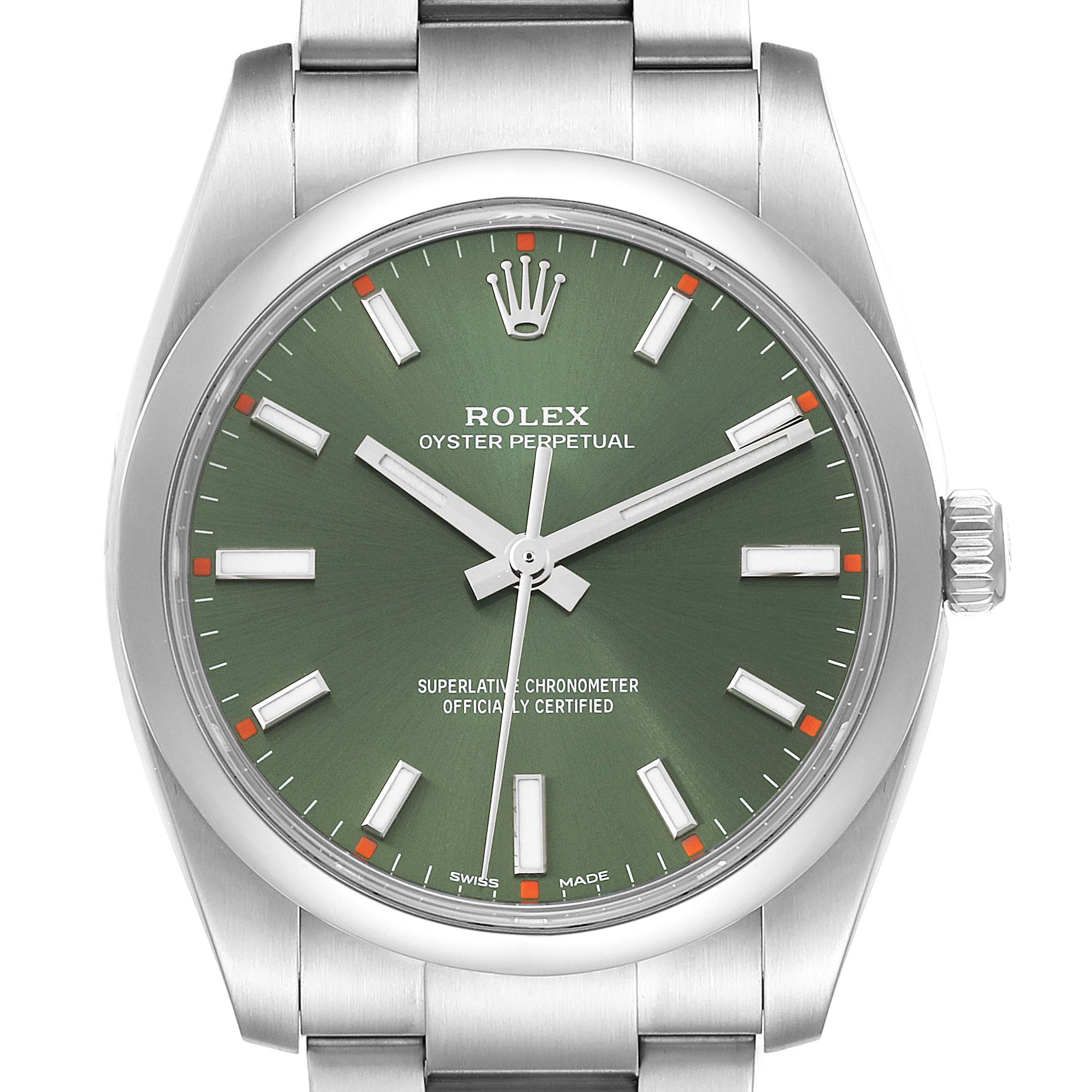 The image shows a front view of a Rolex Oyster Perpetual 114200 Men
s Stainless Steel Green Dial 114200 Men
s Stainless Steel Green Dial watch, focusing on its green dial and stainless steel bracelet.