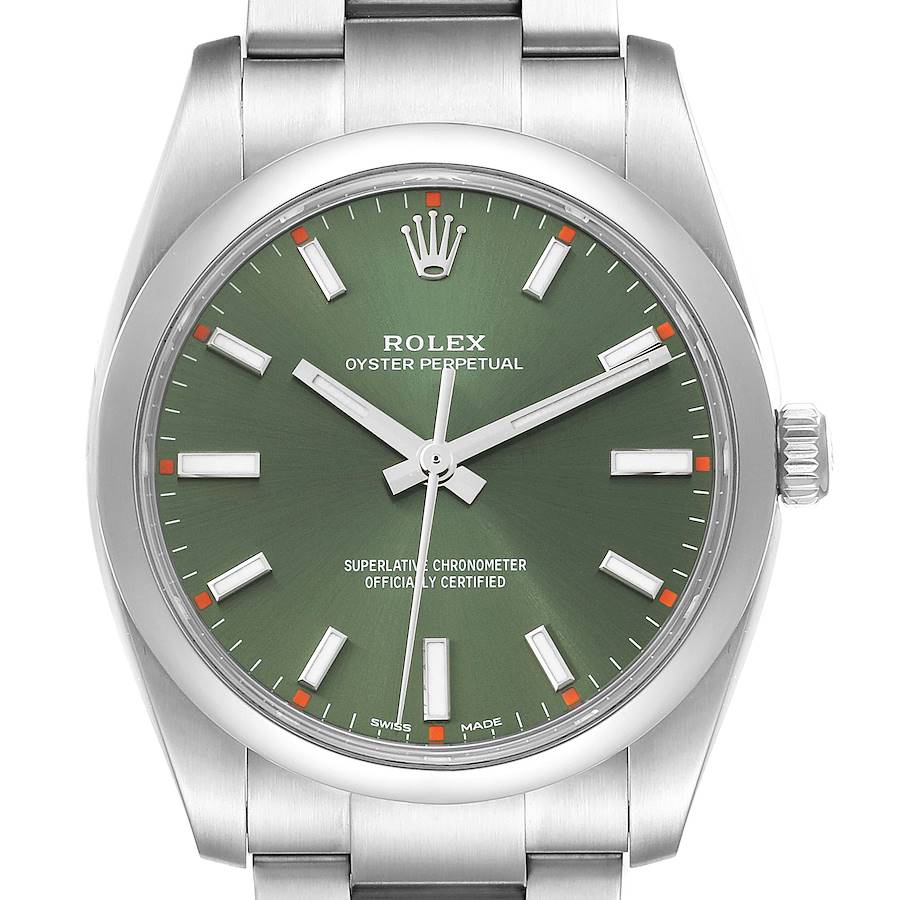 Rolex Oyster Perpetual 34mm Olive Green Dial Steel Mens Watch 114200 SwissWatchExpo