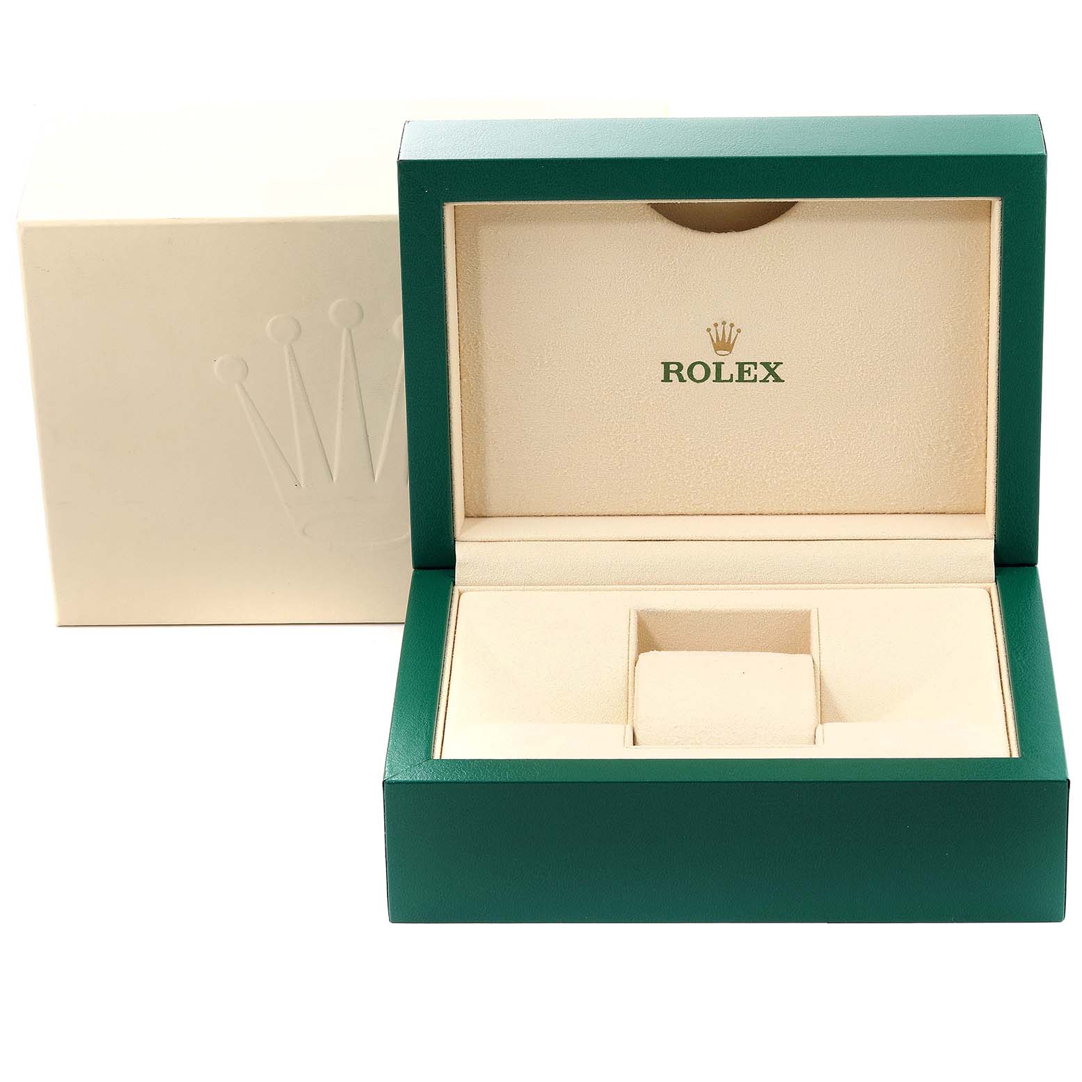 The image shows an open green and beige box for a Rolex Oyster Perpetual 114200 Men
s Stainless Steel Green Dial 114200 Men
s Stainless Steel Green Dial watch.