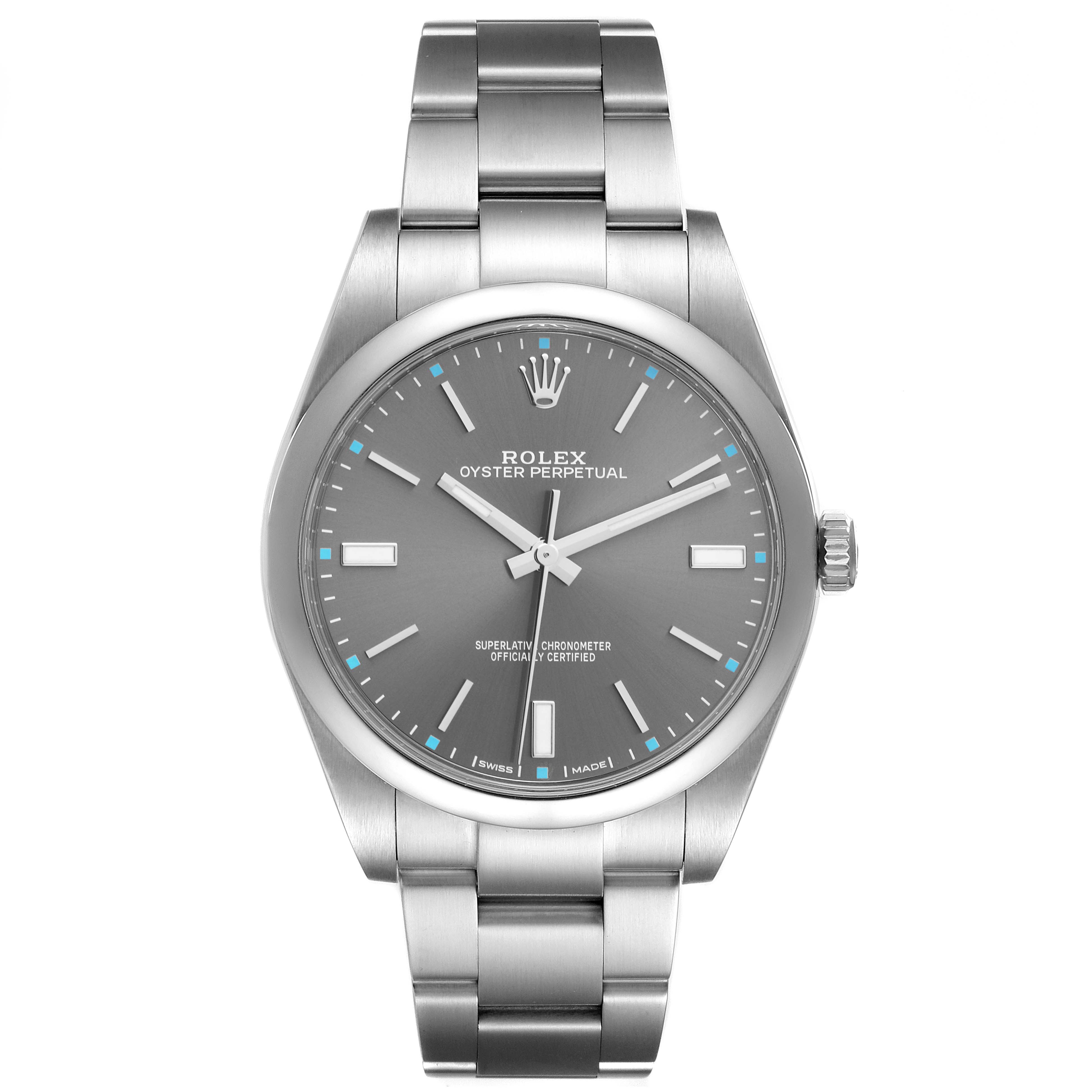 This image shows a front view of the Rolex Oyster Perpetual 114300 Men
s Stainless Steel Grey Dial 114300 Men
s Stainless Steel Grey Dial watch, featuring the dial, hands, crown, and bracelet.