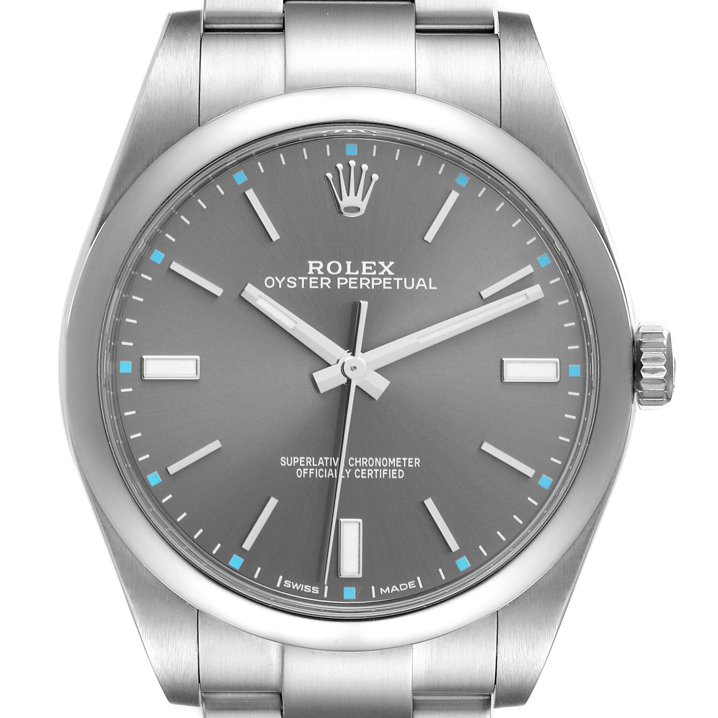This image shows the front view of the Rolex Oyster Perpetual 114300 Men
s Stainless Steel Grey Dial 114300 Men
s Stainless Steel Grey Dial watch, highlighting its dial, hands, crown, and part of the bracelet.