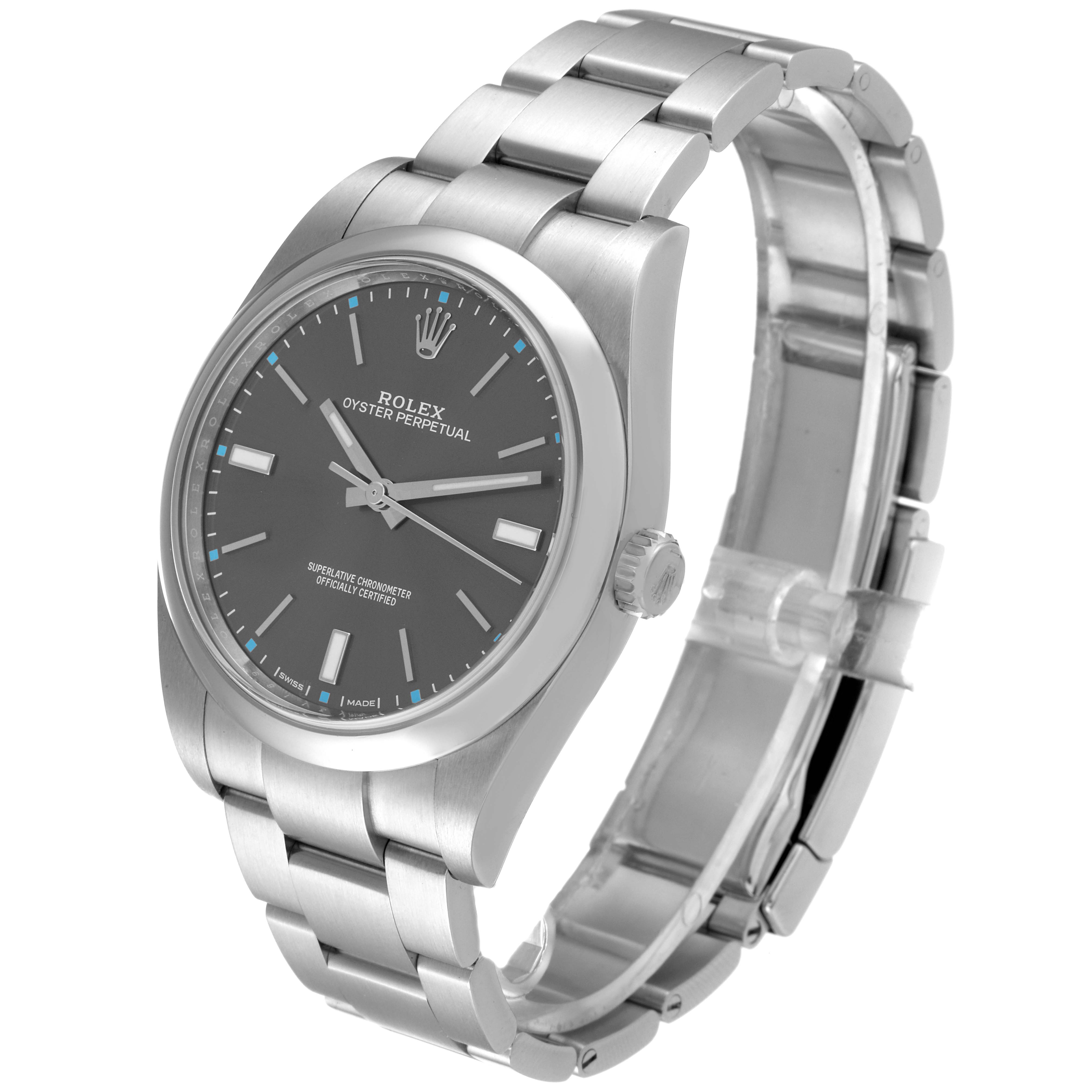 The image shows a side view of the Rolex Oyster Perpetual 114300 Men
s Stainless Steel Grey Dial 114300 Men
s Stainless Steel Grey Dial watch, highlighting the dial, bezel, crown, and part of the bracelet.