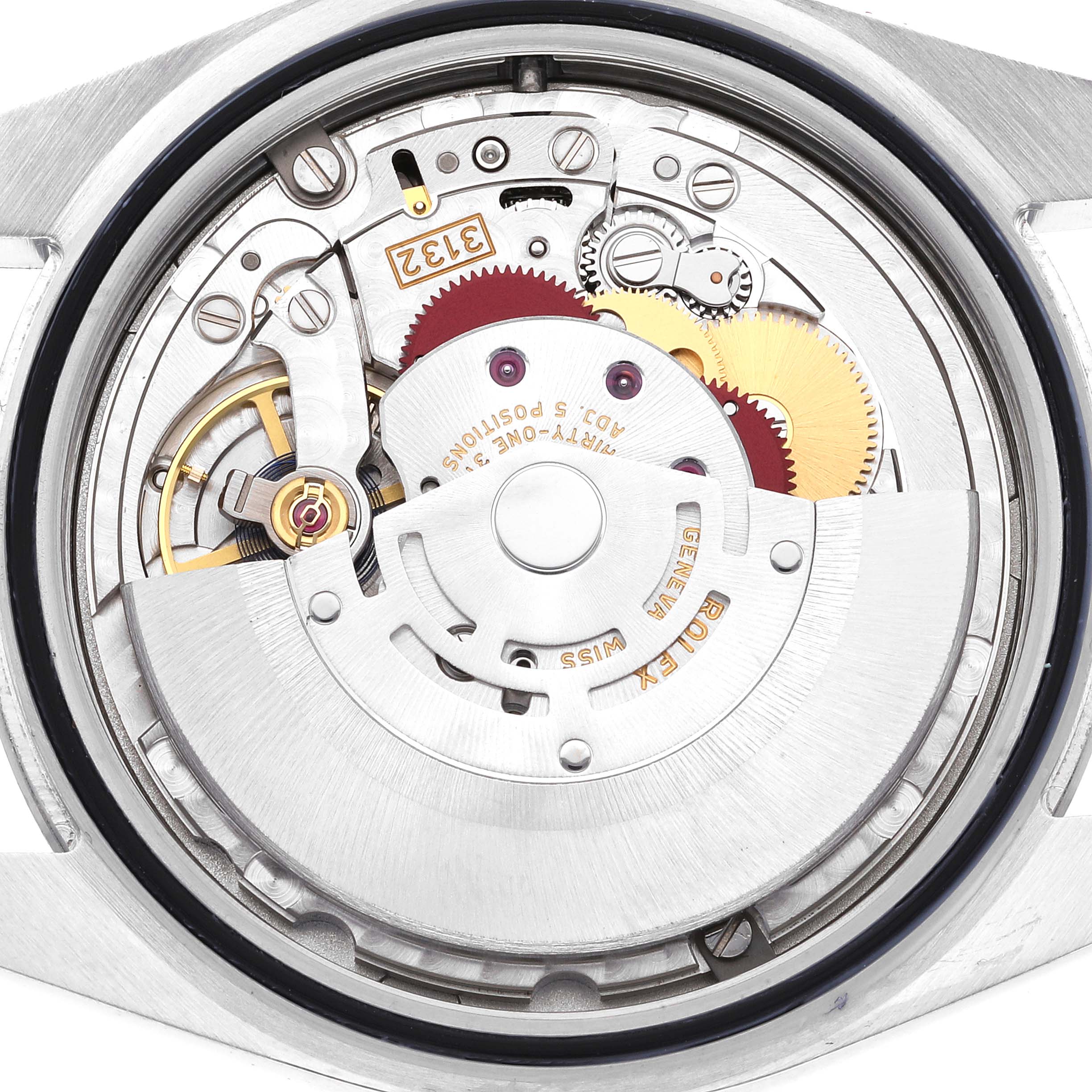 This image shows the internal movement and mechanics of the Rolex Oyster Perpetual 114300 Men
s Stainless Steel Grey Dial 114300 Men
s Stainless Steel Grey Dial watch from a back angle.