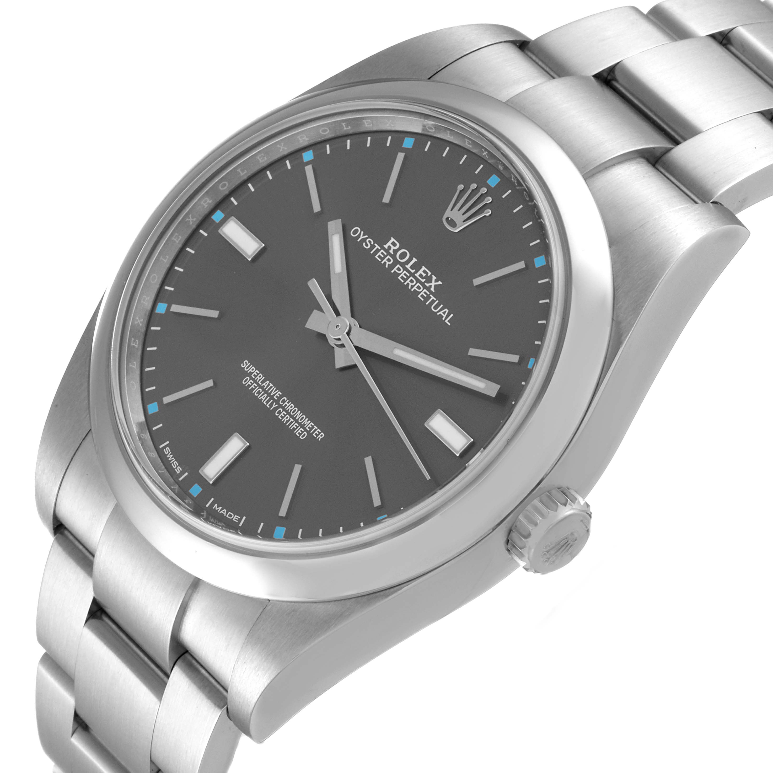 The Rolex Oyster Perpetual 114300 Men
s Stainless Steel Grey Dial 114300 Men
s Stainless Steel Grey Dial watch is shown from an angled top view, highlighting the face, crown, and bracelet.