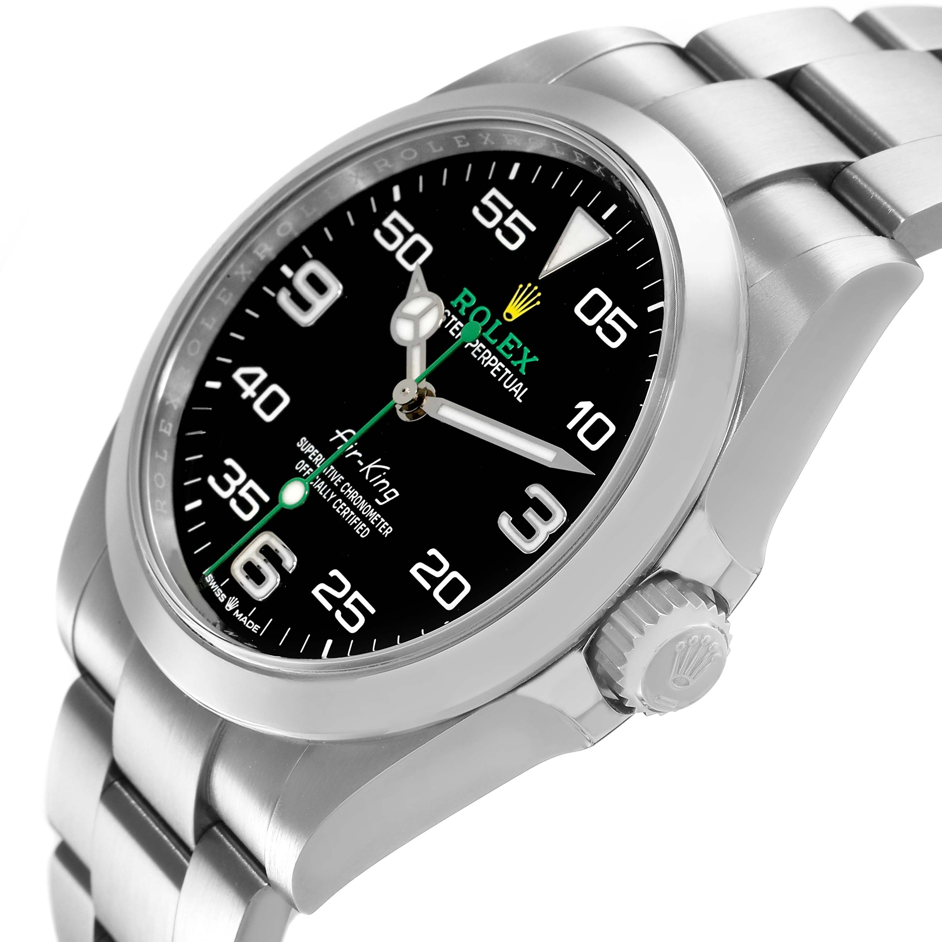 The Rolex Air-King 126900 Men's Stainless Steel Black Dial watch is shown at a side angle, displaying the face, bezel, crown, and part of the bracelet.