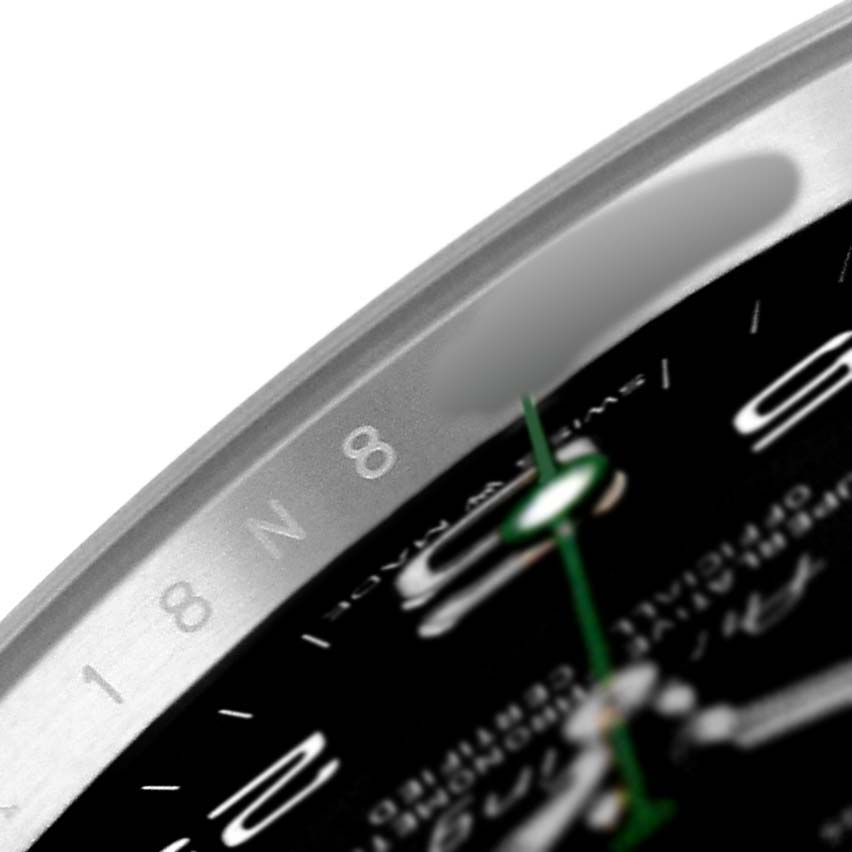 The image shows a close-up of the Rolex Air-King 126900 Men's Stainless Steel Black Dial's dial edge, focusing on numerals and the second hand.