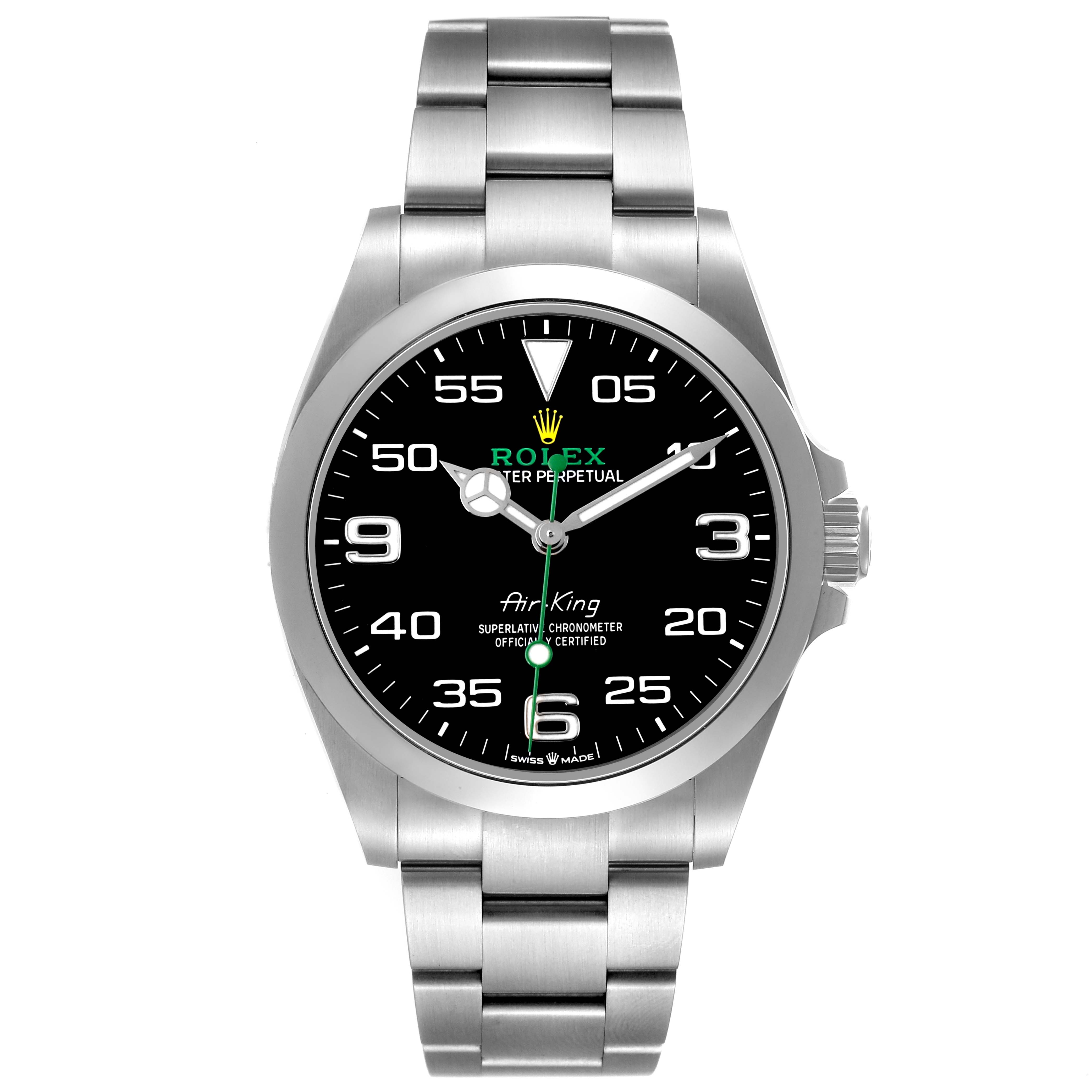 The Rolex Air-King 126900 Men's Stainless Steel Black Dial watch is shown from a front angle, displaying its dial, bezel, and bracelet.
