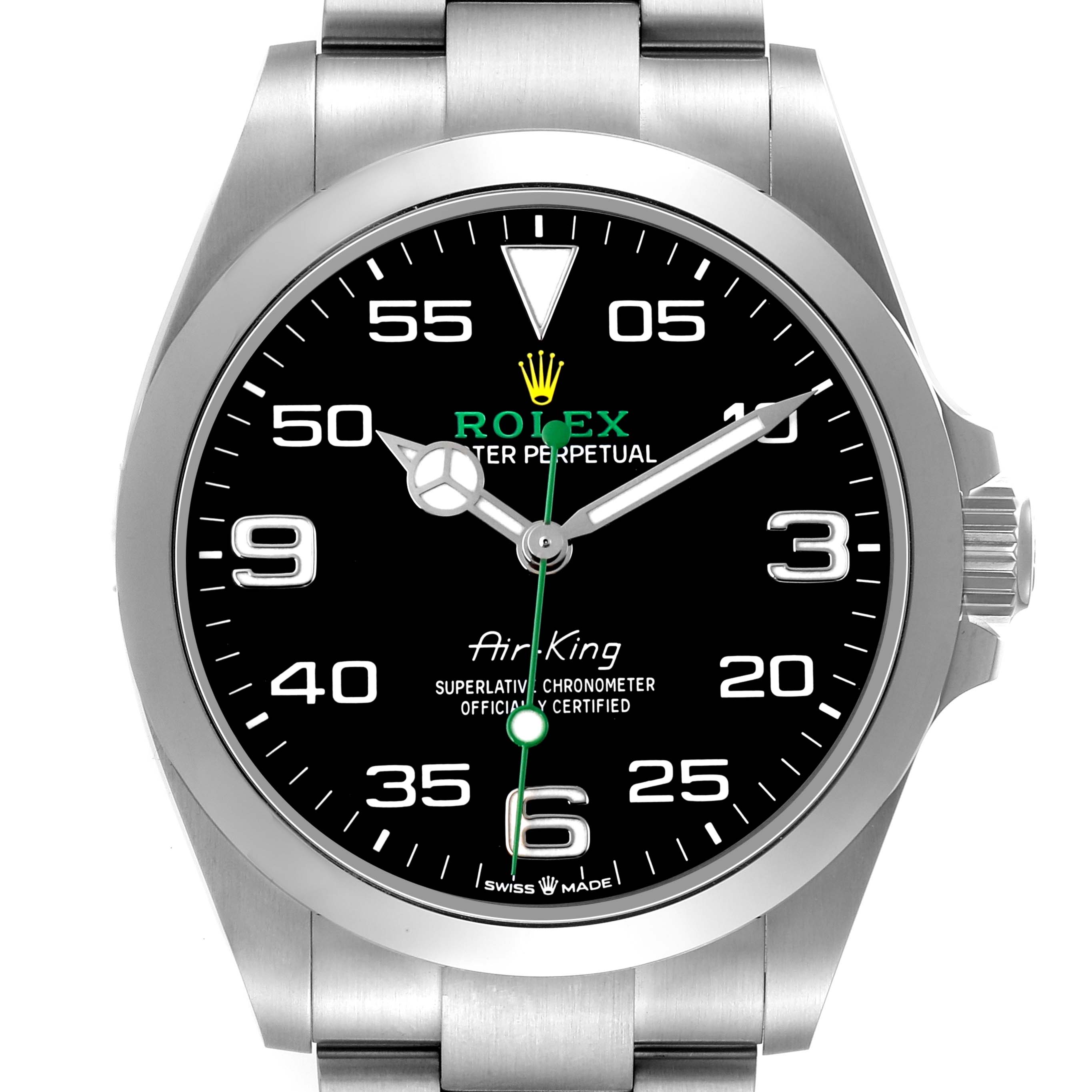 The Rolex Air-King 126900 Men's Stainless Steel Black Dial watch is shown from a front view highlighting the dial, hands, and crown.