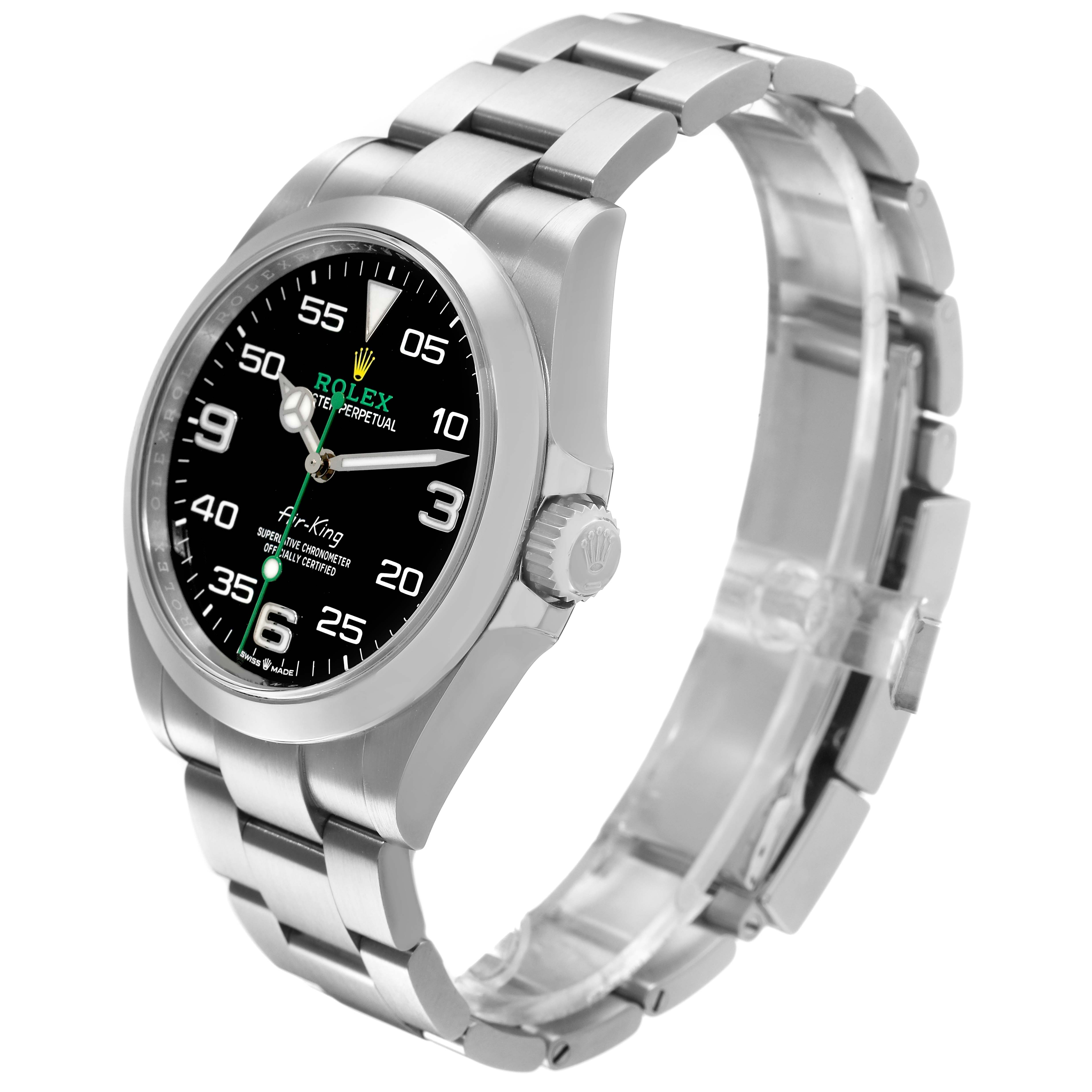 The Rolex Air-King 126900 Men's Stainless Steel Black Dial watch is shown at a three-quarter angle, highlighting the face, bezel, crown, and bracelet.