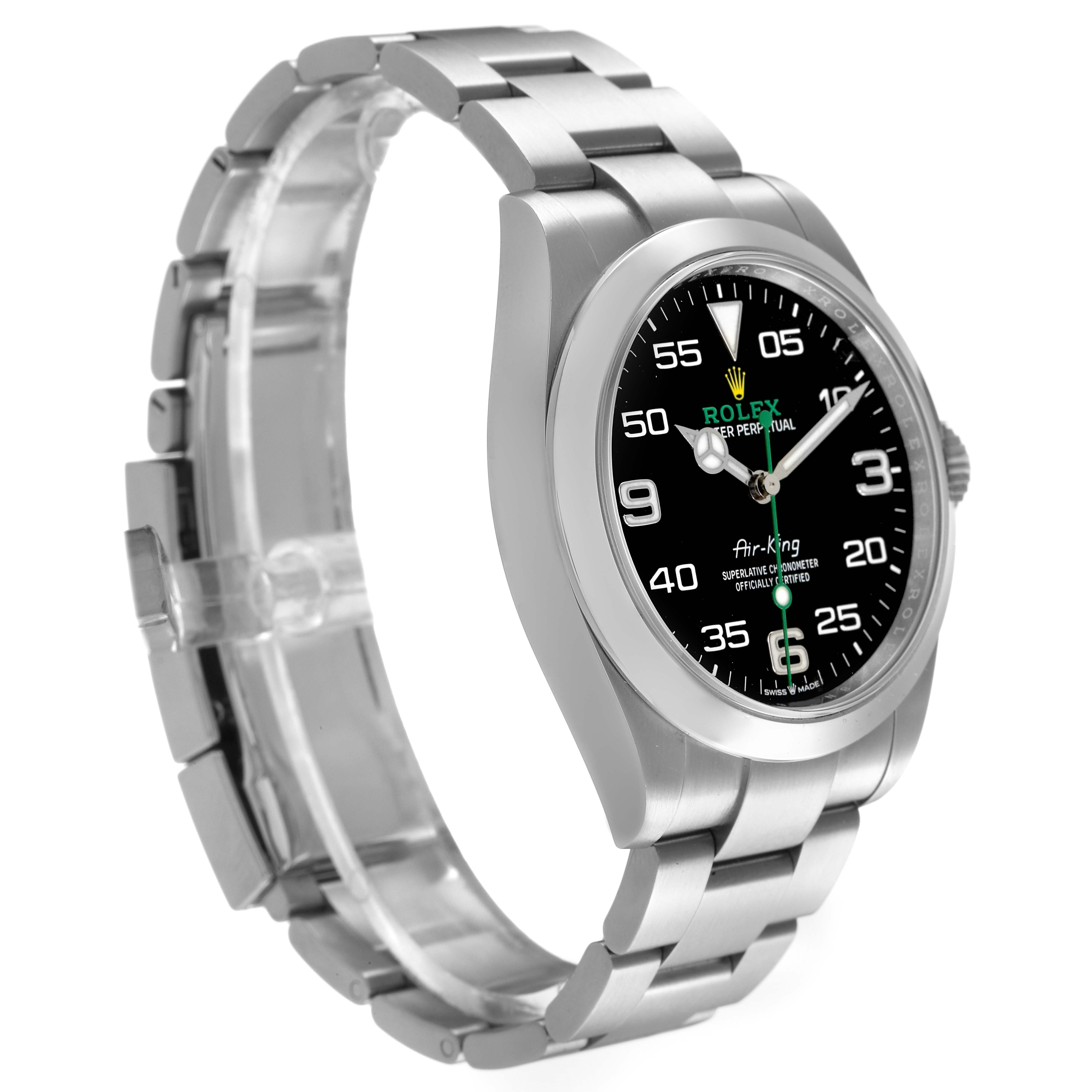 The Rolex Air-King 126900 Men's Stainless Steel Black Dial watch is shown at a three-quarter angle, featuring the dial, bezel, case, and part of the bracelet.