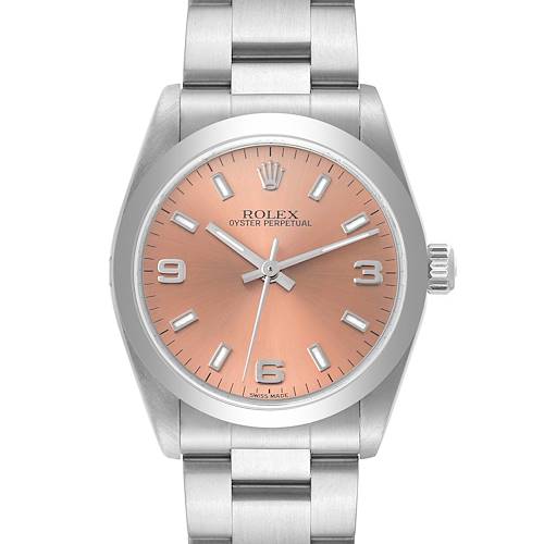 Photo of Rolex Oyster Perpetual Midsize Smooth Bezel Salmon Dial Steel Ladies Watch 77080