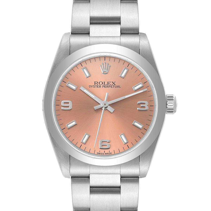 Rolex Oyster Perpetual Midsize Smooth Bezel Salmon Dial Steel Ladies Watch 77080 SwissWatchExpo