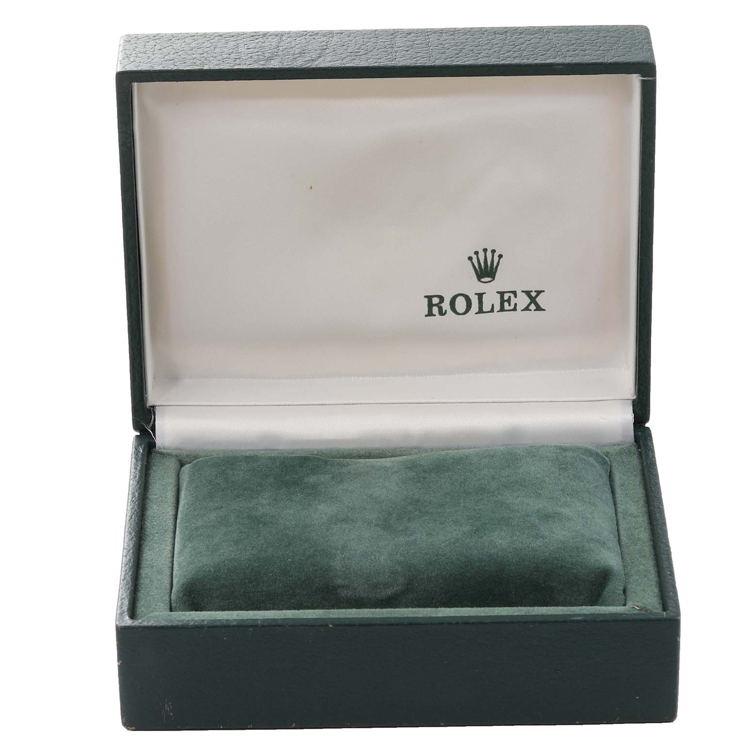 The image shows an open Rolex watch box with a green cushion, intended for a Mid-Size Rolex model.