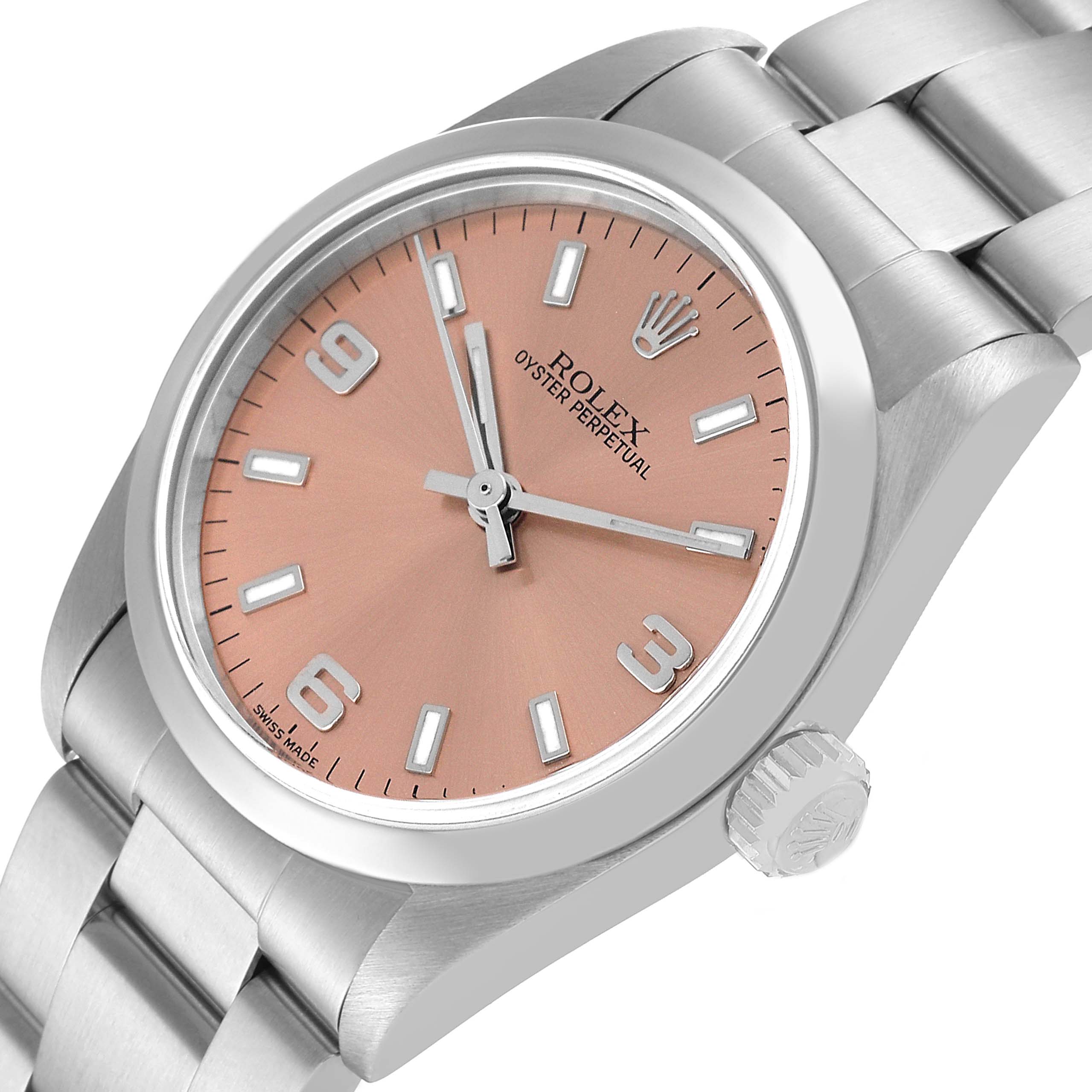 This image shows a side-angle view of a Rolex Mid-Size 77080 Women
s Stainless Steel Pink Dial 77080 Women
s Stainless Steel Pink Dial Oyster Perpetual watch with a pink dial and stainless steel bracelet.