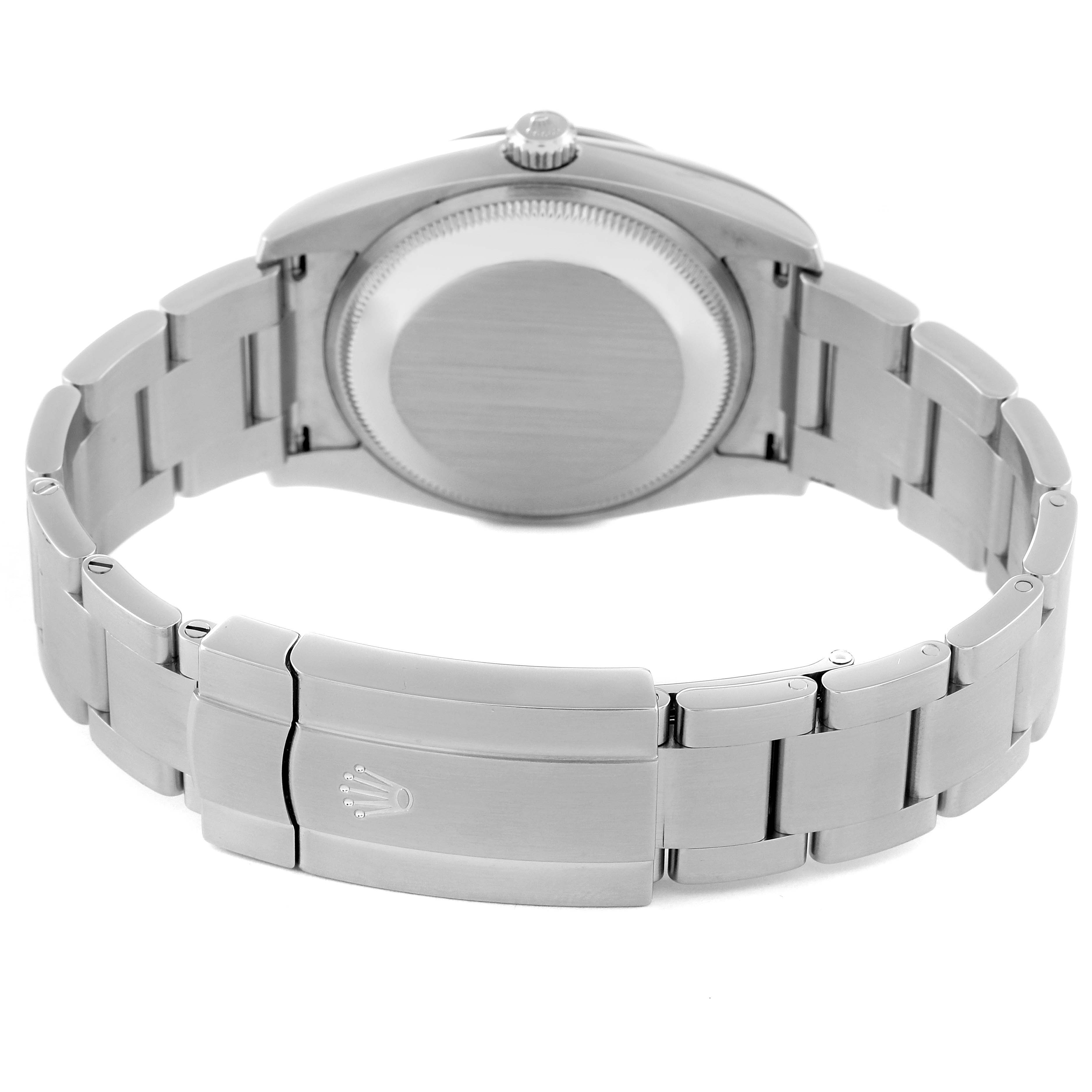 The image shows the back view of the Rolex Oyster Perpetual 114200 Men's Stainless Steel White Dial 114200 Men's Stainless Steel White Dial watch, highlighting its bracelet and clasp.