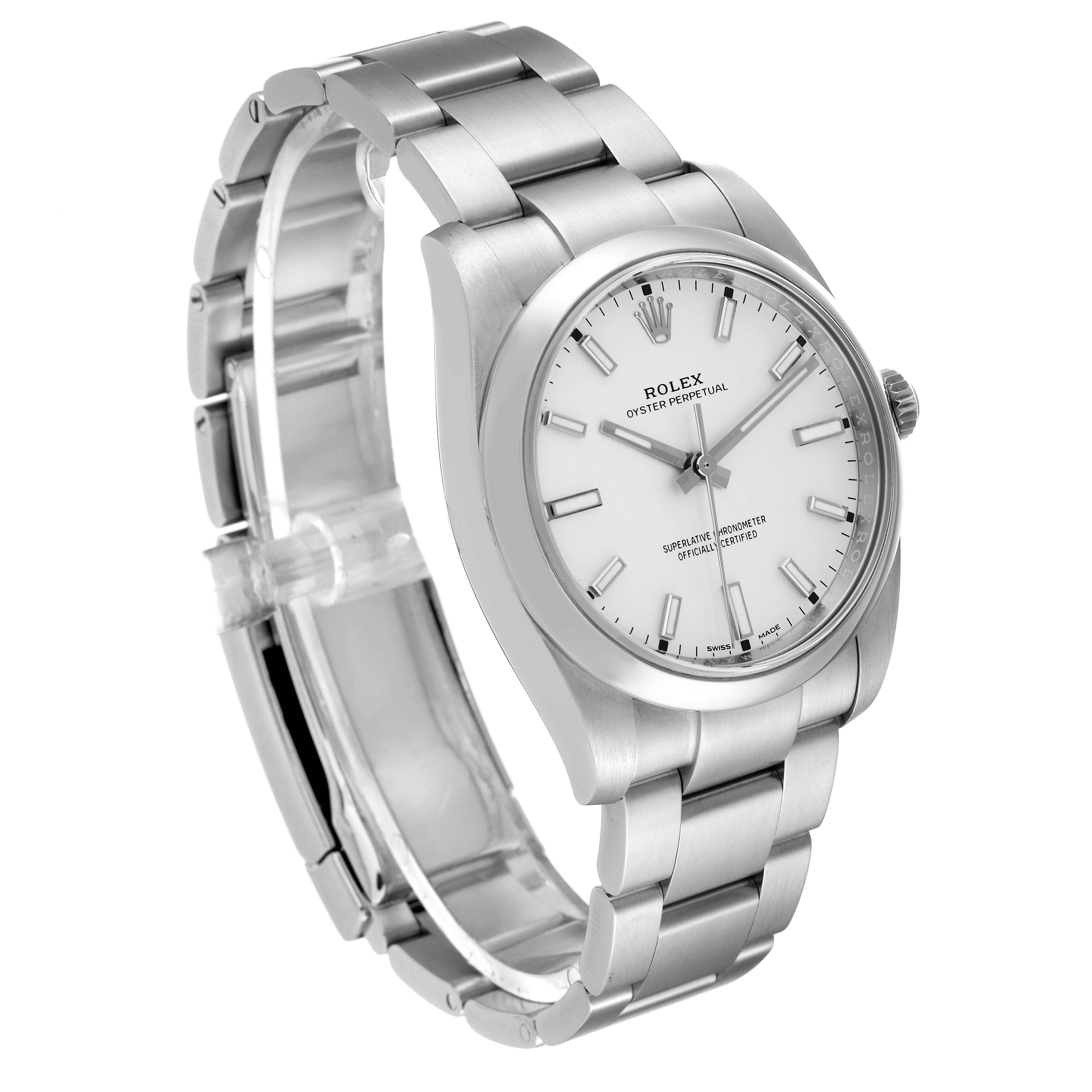 The image shows a side-angle view of a Rolex Oyster Perpetual 114200 Men's Stainless Steel White Dial 114200 Men's Stainless Steel White Dial watch, showcasing its stainless-steel bracelet and white dial.