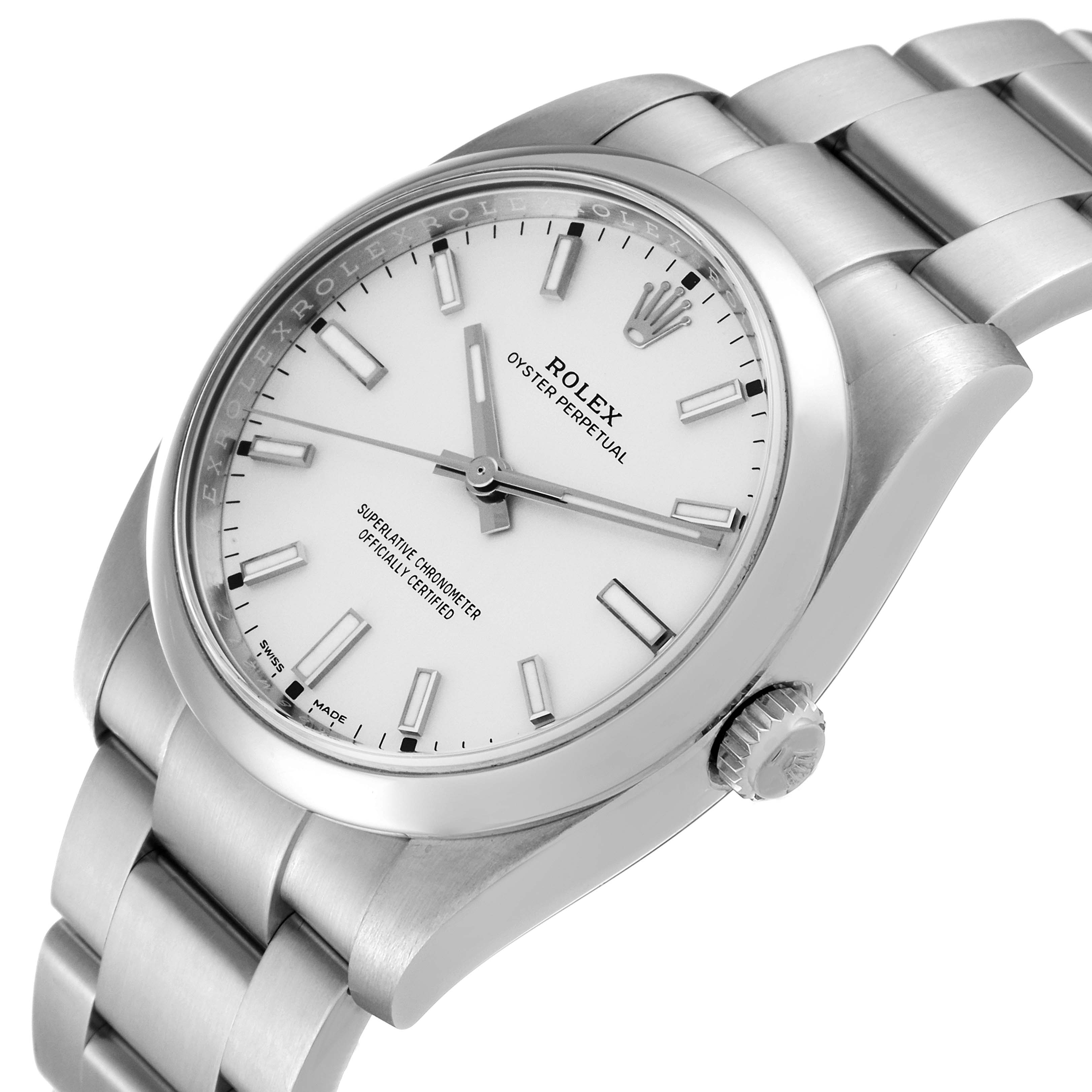 The Rolex Oyster Perpetual 114200 Men's Stainless Steel White Dial 114200 Men's Stainless Steel White Dial is shown at a three-quarter angle, emphasizing the dial, crown, case, and bracelet.