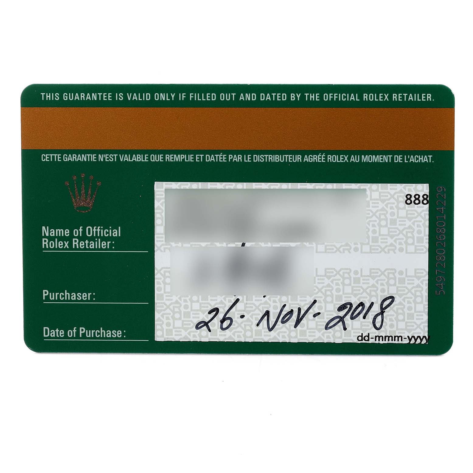 This image shows the guarantee card for a Rolex Oyster Perpetual 114200 Men's Stainless Steel White Dial 114200 Men's Stainless Steel White Dial watch, displaying purchase details and retailer information.