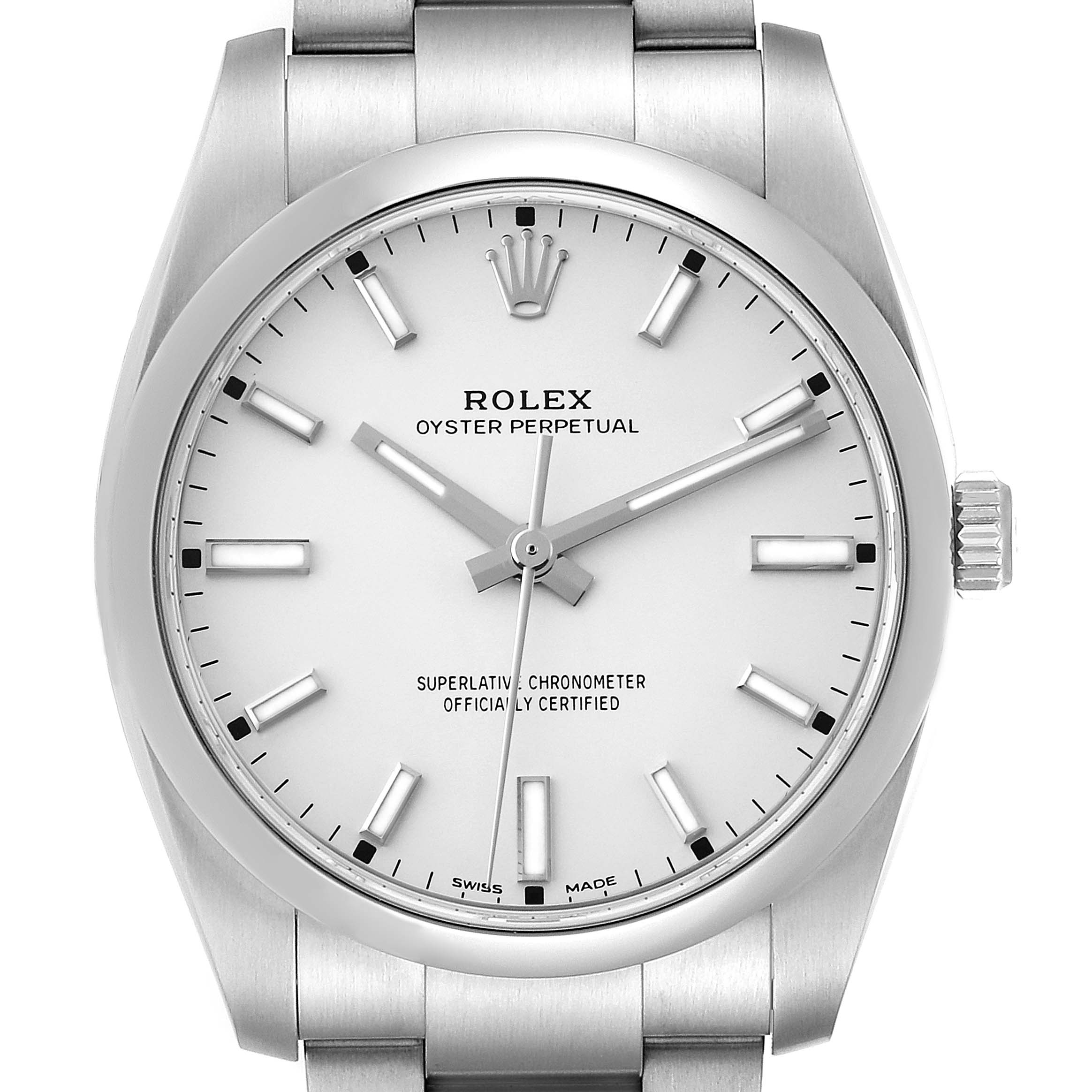 The image shows a front view of a Rolex Oyster Perpetual 114200 Men's Stainless Steel White Dial 114200 Men's Stainless Steel White Dial watch, highlighting the watch face, bezel, crown, and part of the bracelet.