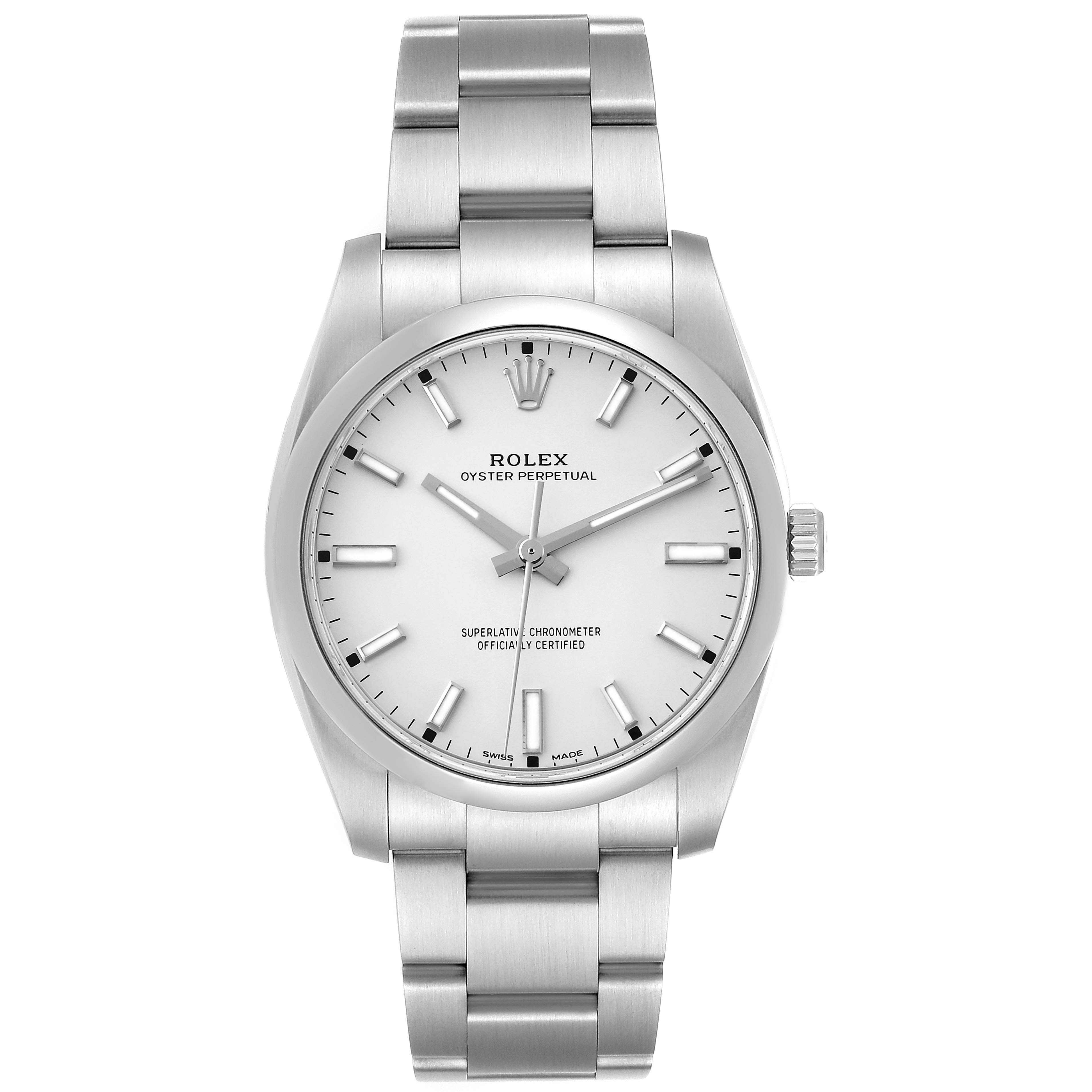 This image shows a Rolex Oyster Perpetual 114200 Men's Stainless Steel White Dial 114200 Men's Stainless Steel White Dial watch from a straight-on angle, displaying its face and stainless steel bracelet.