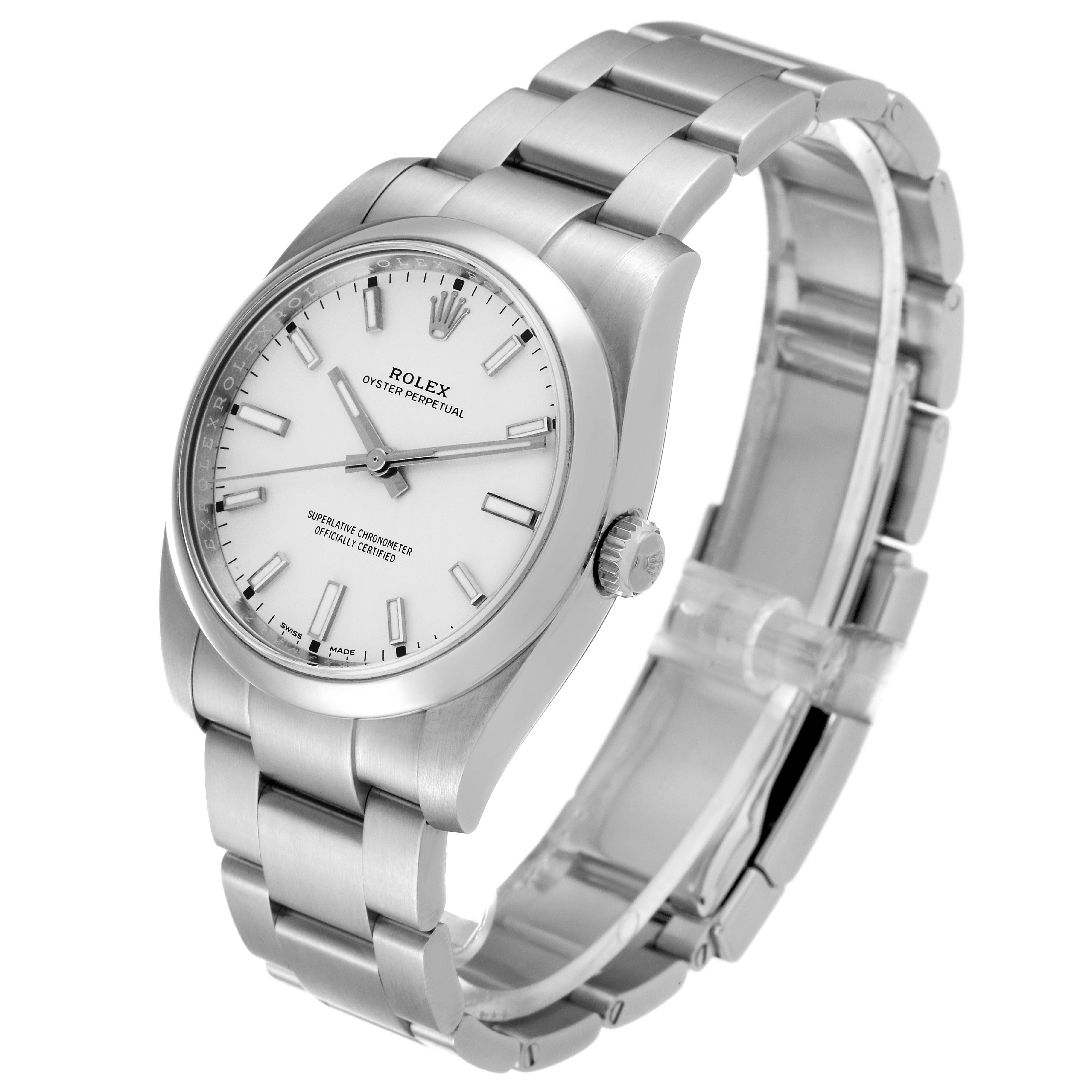 The image shows a Rolex Oyster Perpetual 114200 Men's Stainless Steel White Dial 114200 Men's Stainless Steel White Dial watch from a three-quarter angle, highlighting the face, bezel, crown, and bracelet.